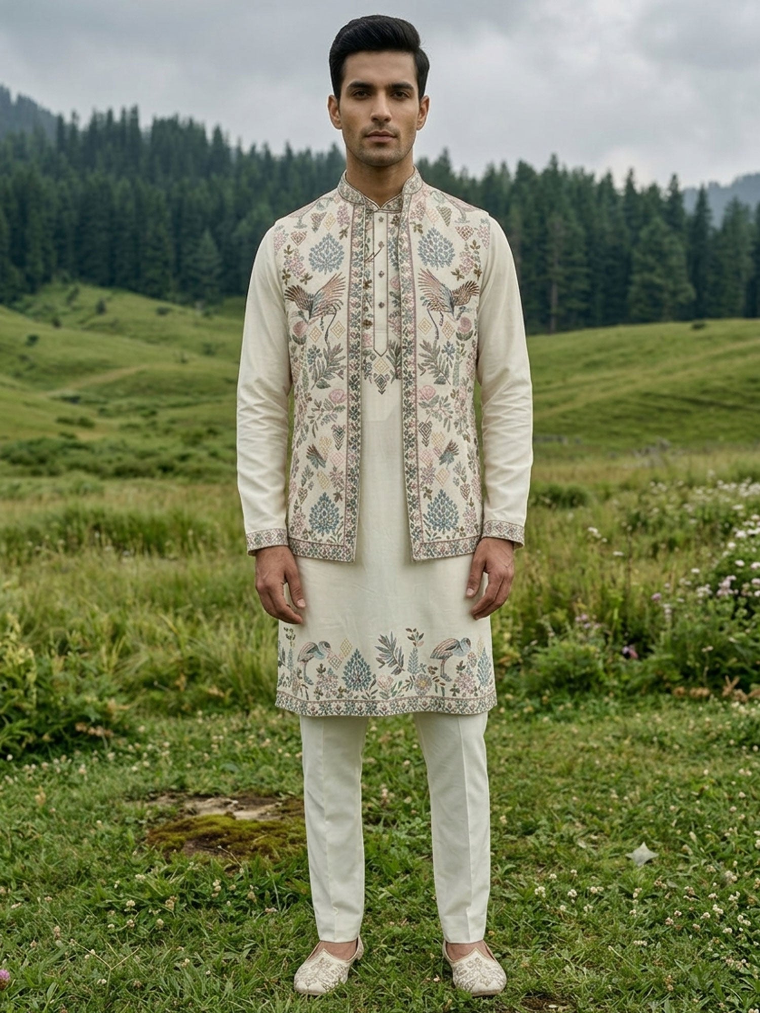 Off White Floral Embellished Kurta Set With Jacket
