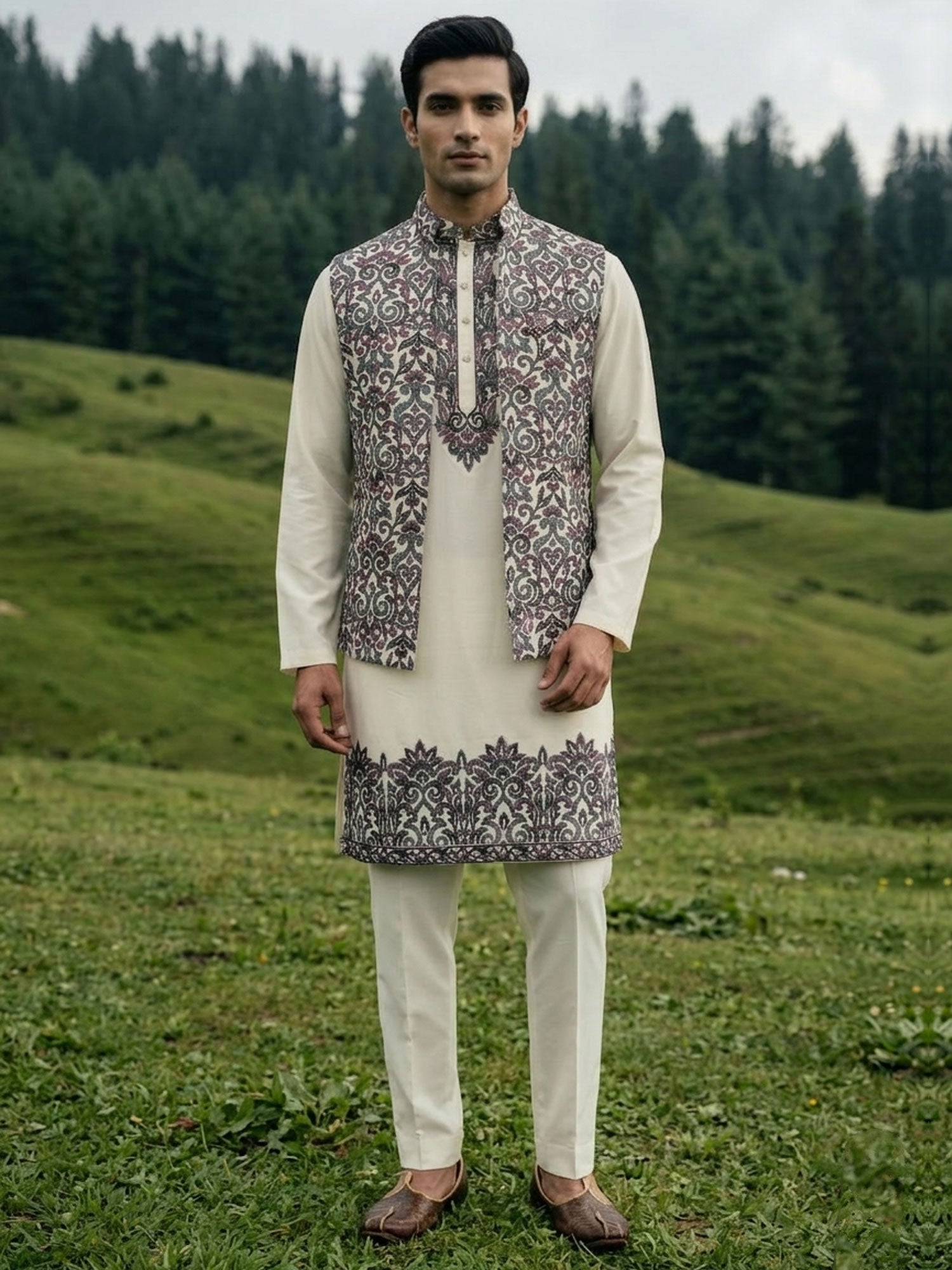 Off White Readymade Kurta Pyjama With Jacket