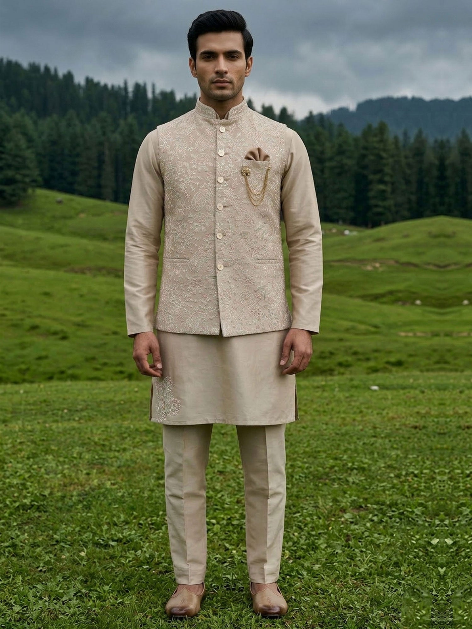 Rosegold Beige Readymade Men's Kurta Set In Silk