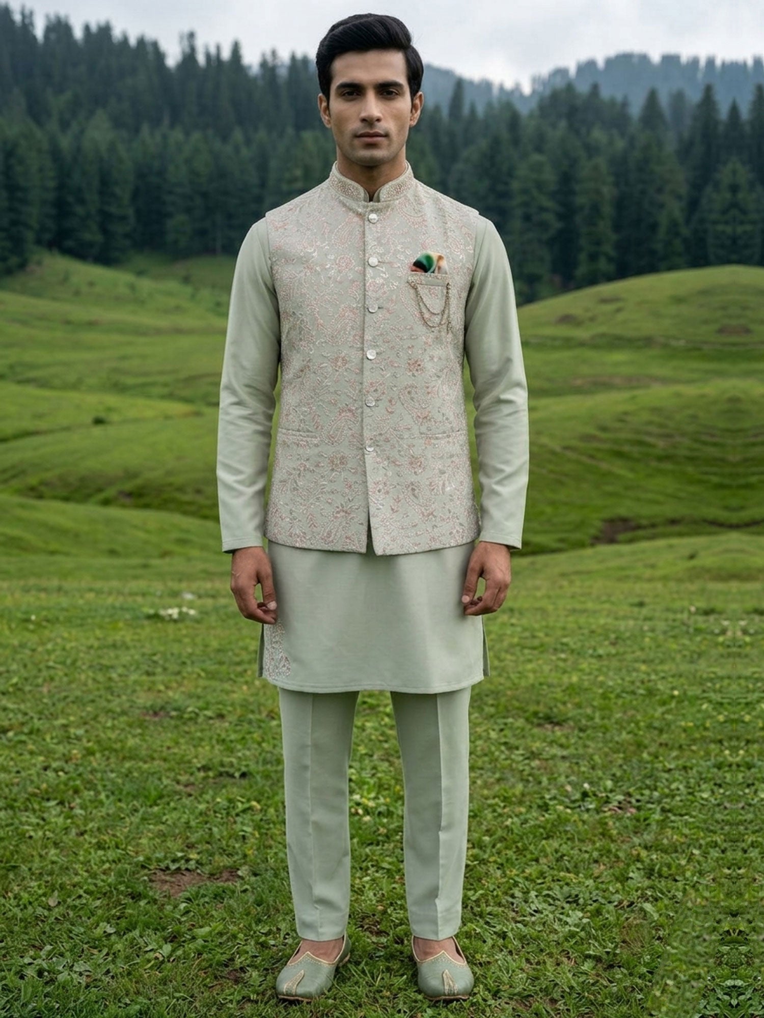 Pista Green Embroidered Kurta Set With Nehru Jacket