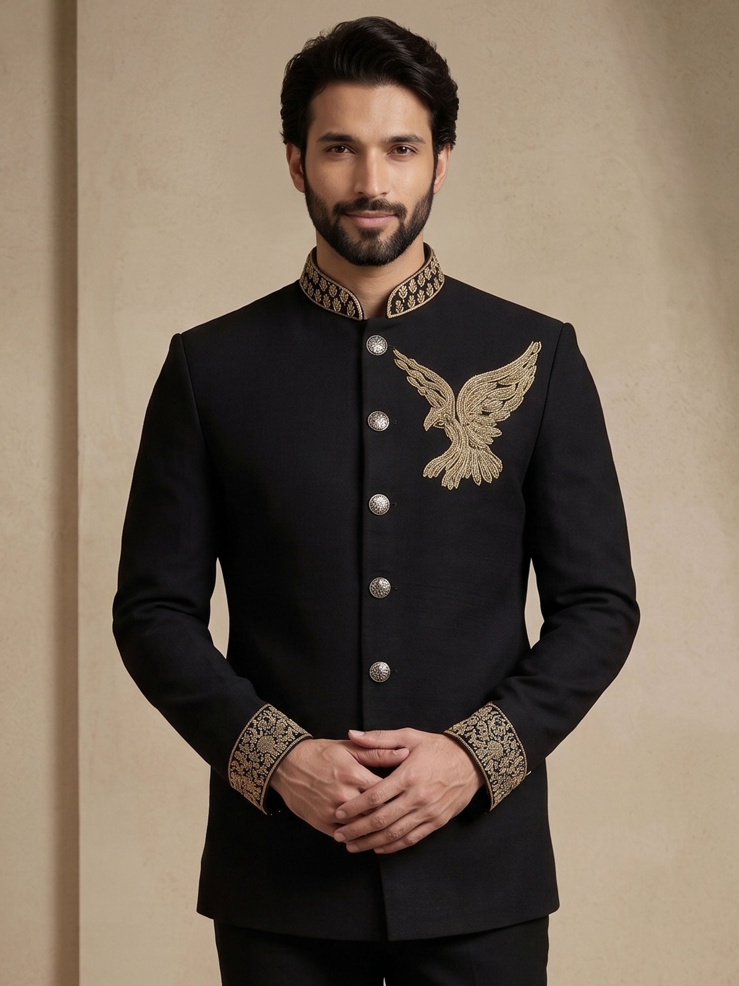 Black Hand Work Bandhgala Suit For Mens