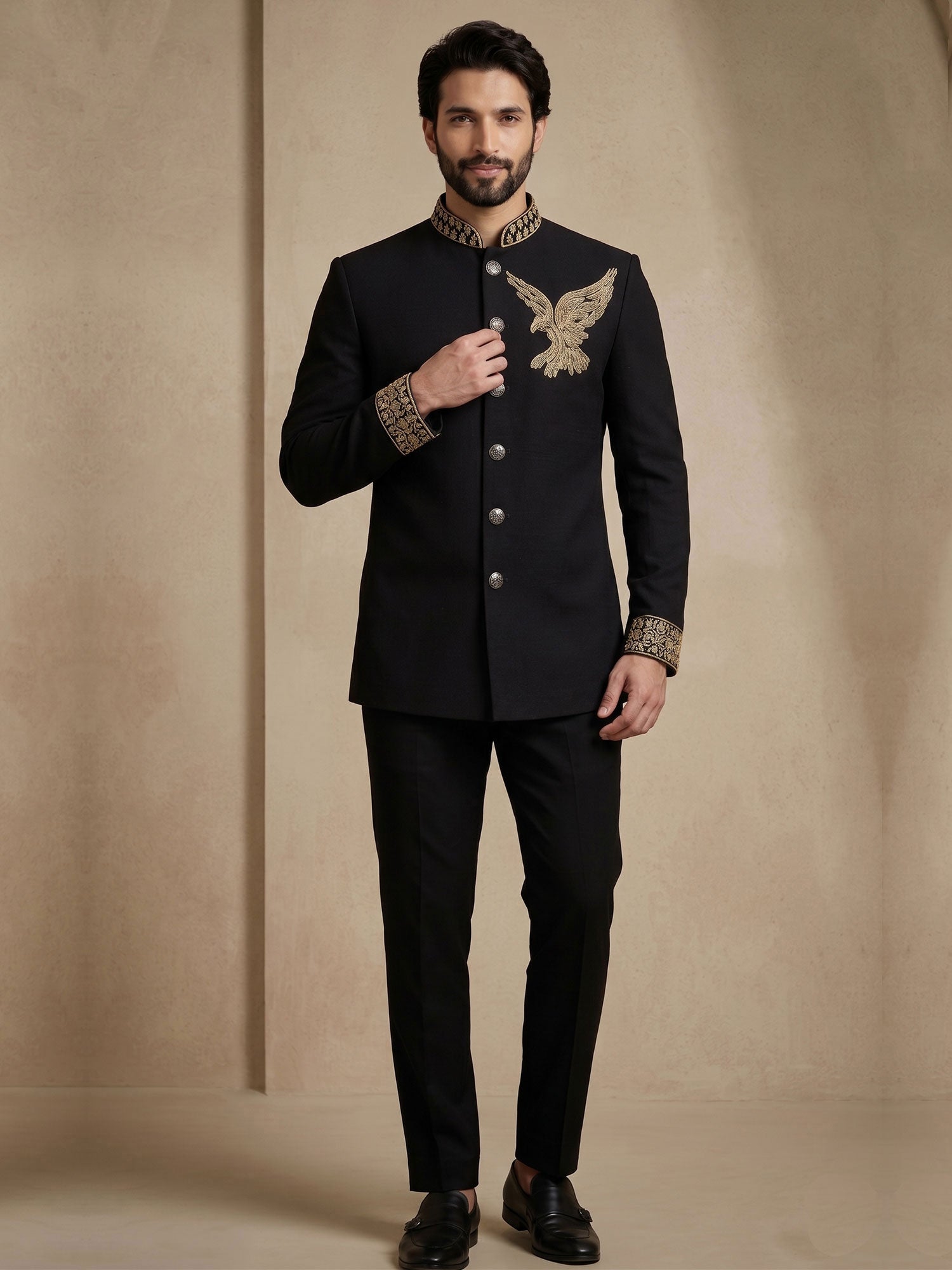 Black Hand Work Bandhgala Suit For Mens