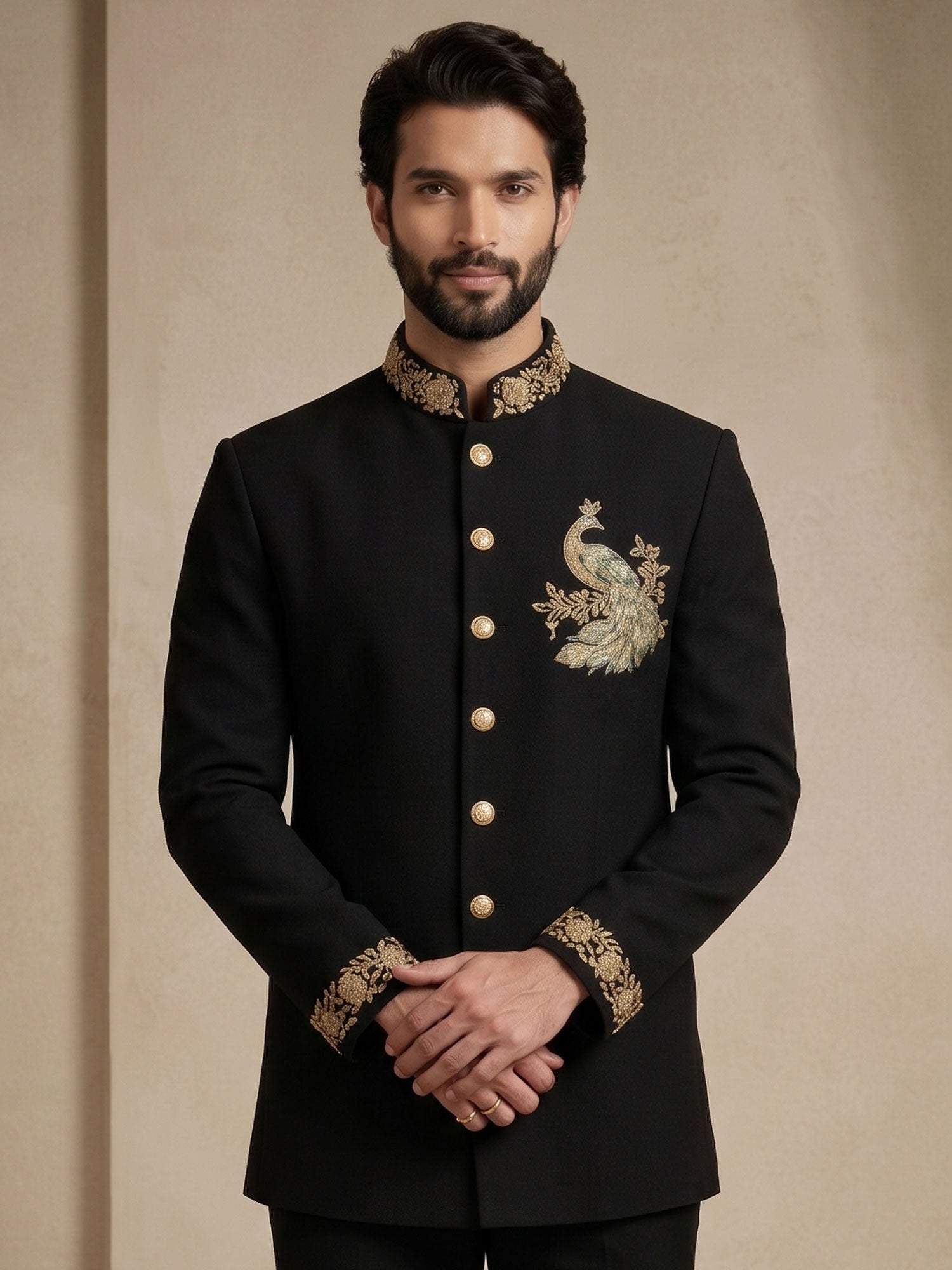 Black Hand Work Embellishment Bandhgala Suit