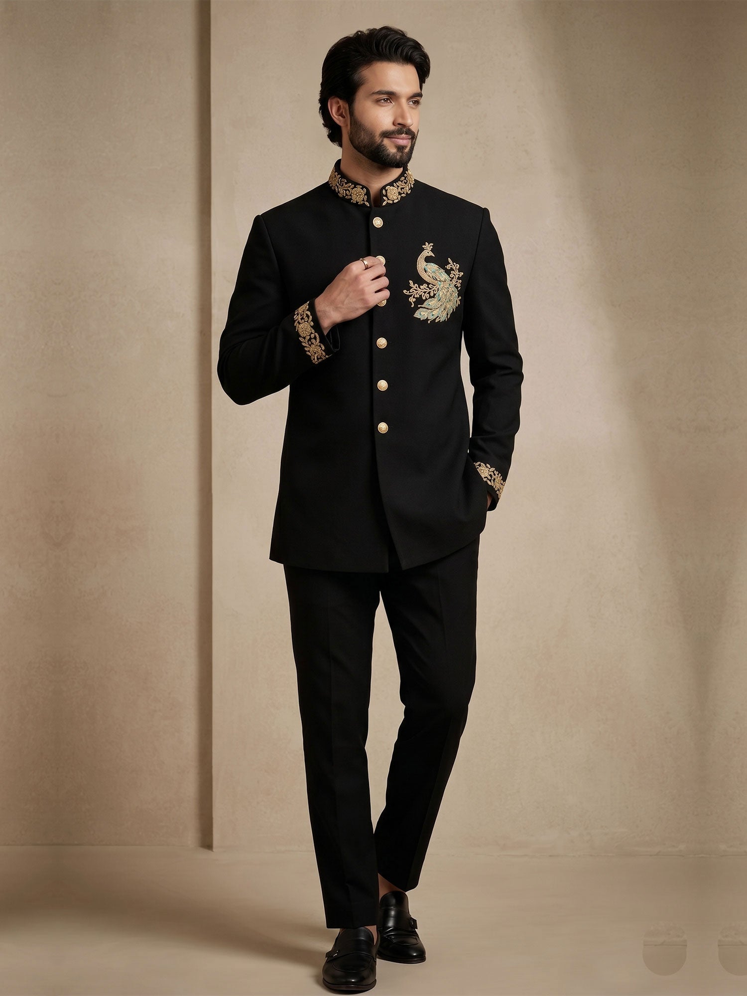 Black Hand Work Embellishment Bandhgala Suit
