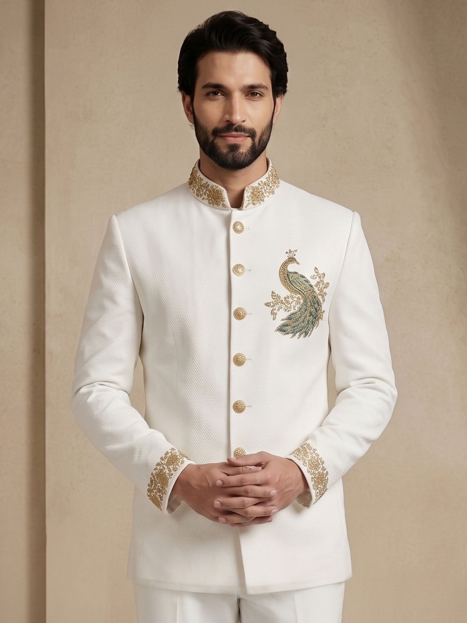 White Men's Jodhpuri Set In Hand Embroidery
