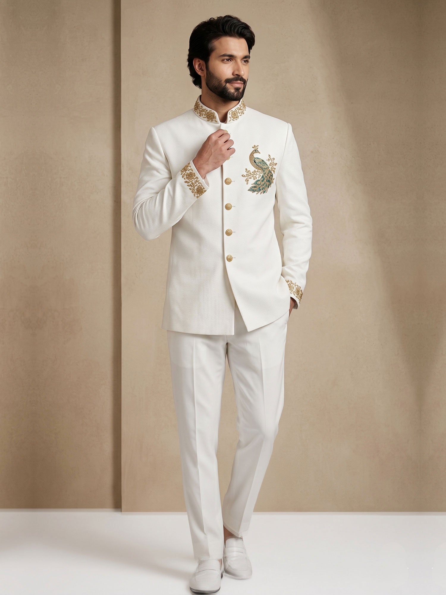 White Men's Jodhpuri Set In Hand Embroidery