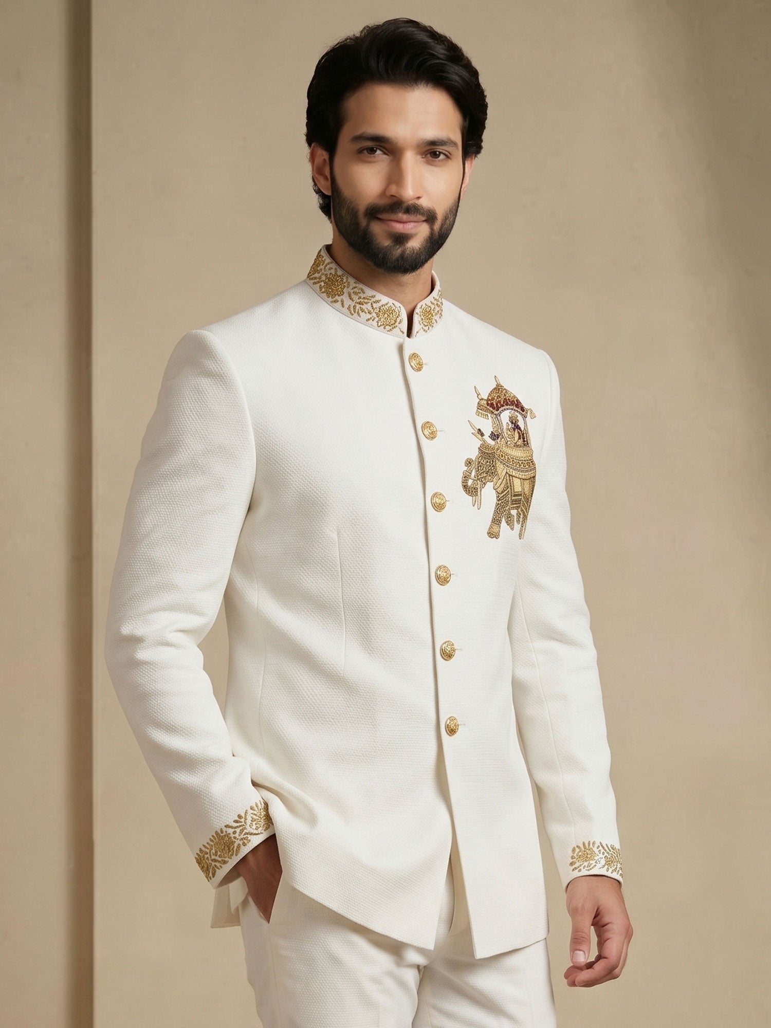 White Men's Jodhpuri Set With Hand Embellishment