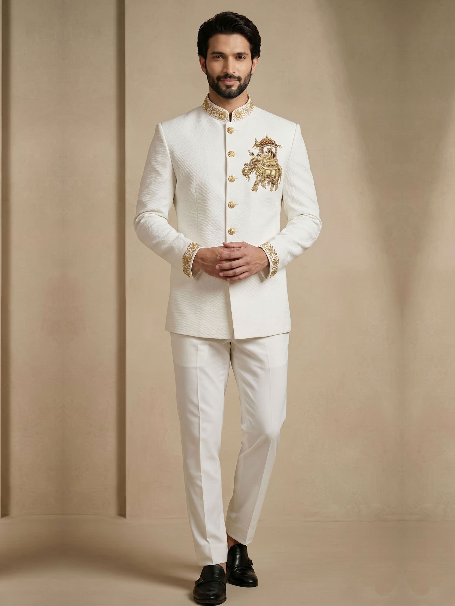 White Men's Jodhpuri Set With Hand Embellishment
