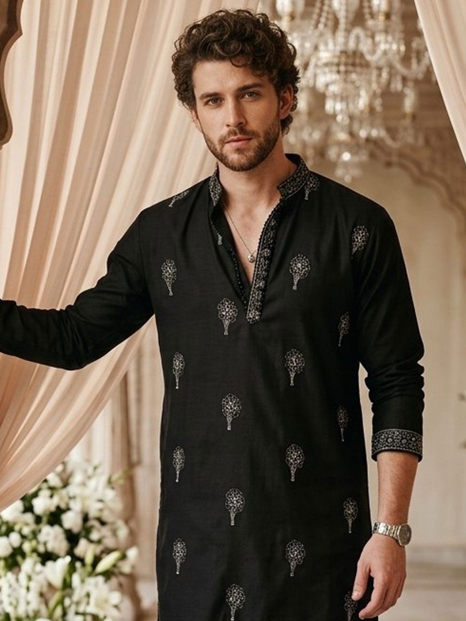 Black Party Wear Embroidered Cotton Kurta Set
