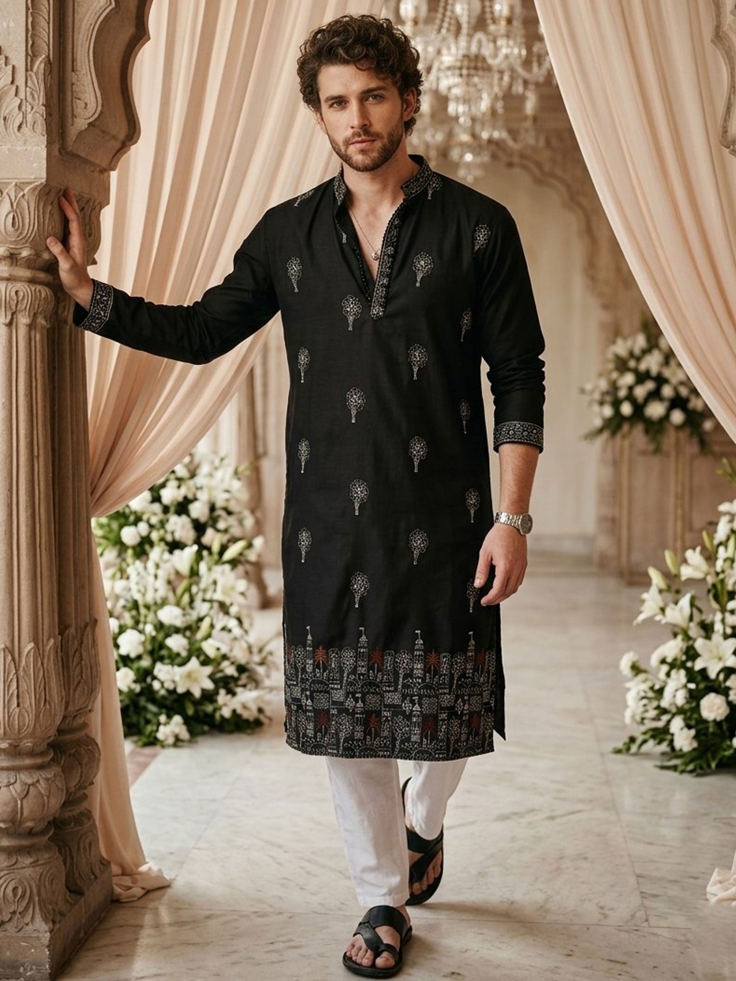 Black Party Wear Embroidered Cotton Kurta Set