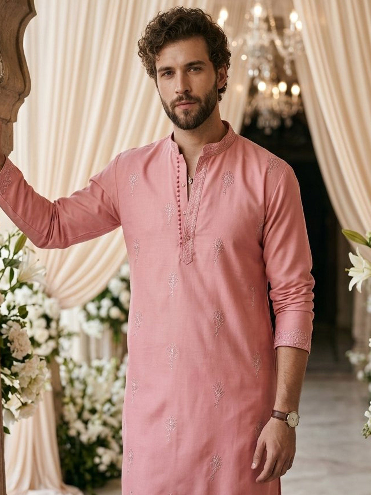 Pink Readymade Cotton Kurta Set For Mens