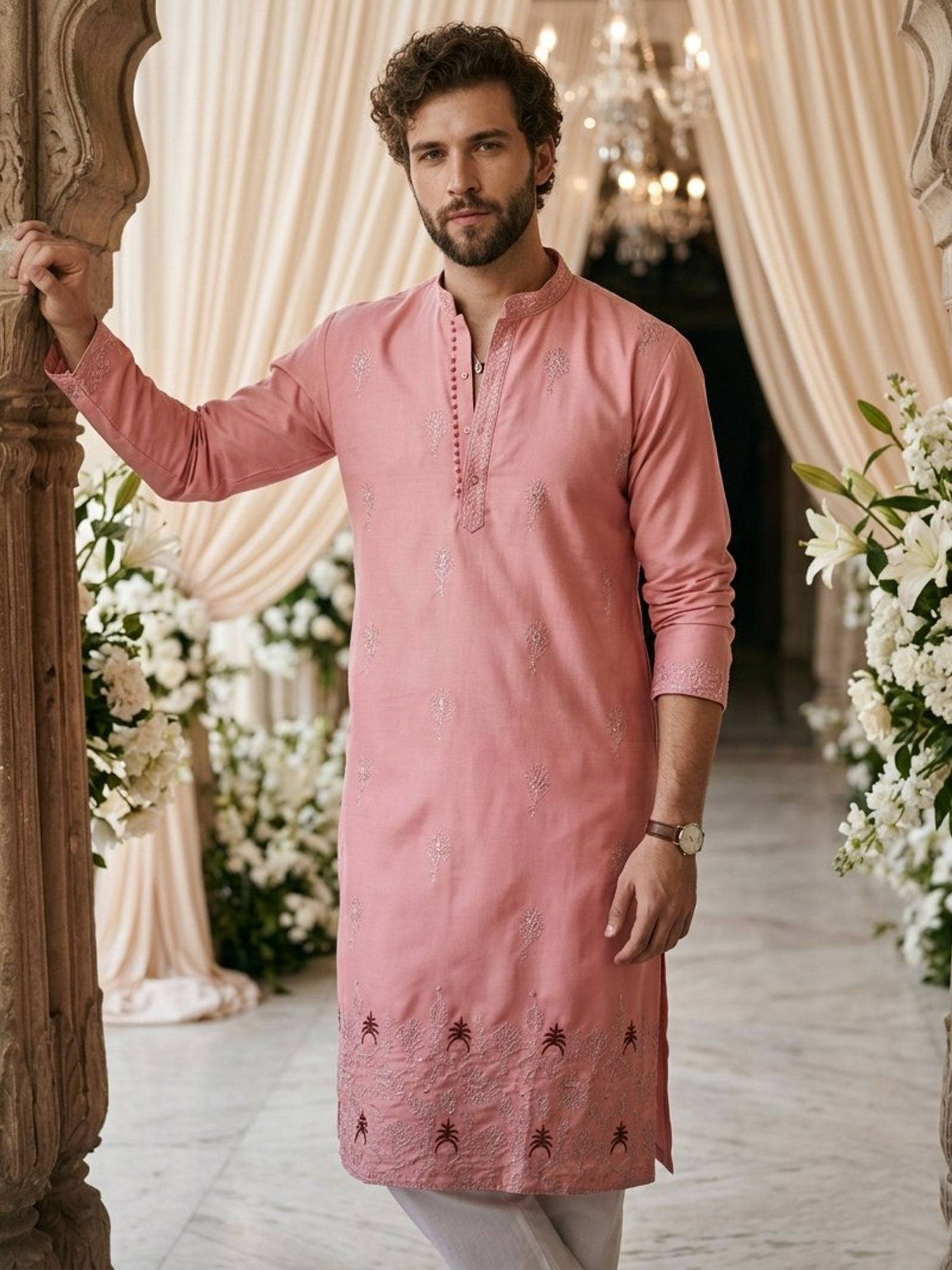 Pink Readymade Cotton Kurta Set For Mens