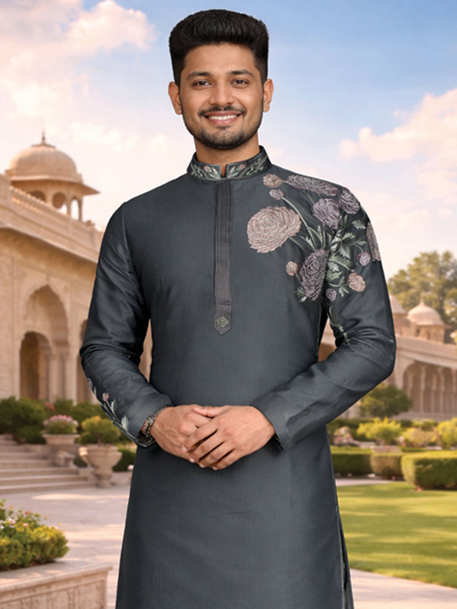 Blue Floral Work Readymade Kurta Set