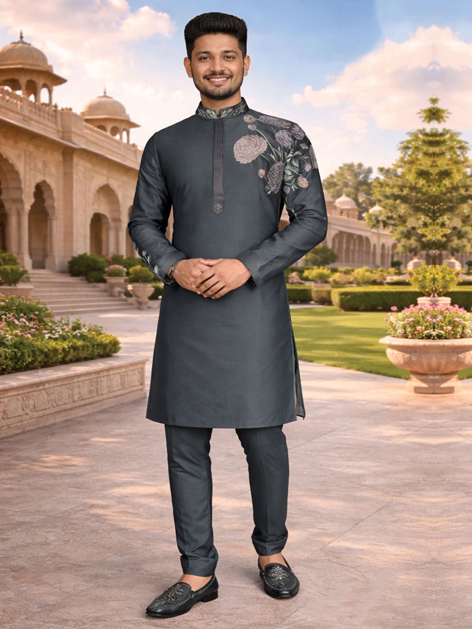 Blue Floral Work Readymade Kurta Set