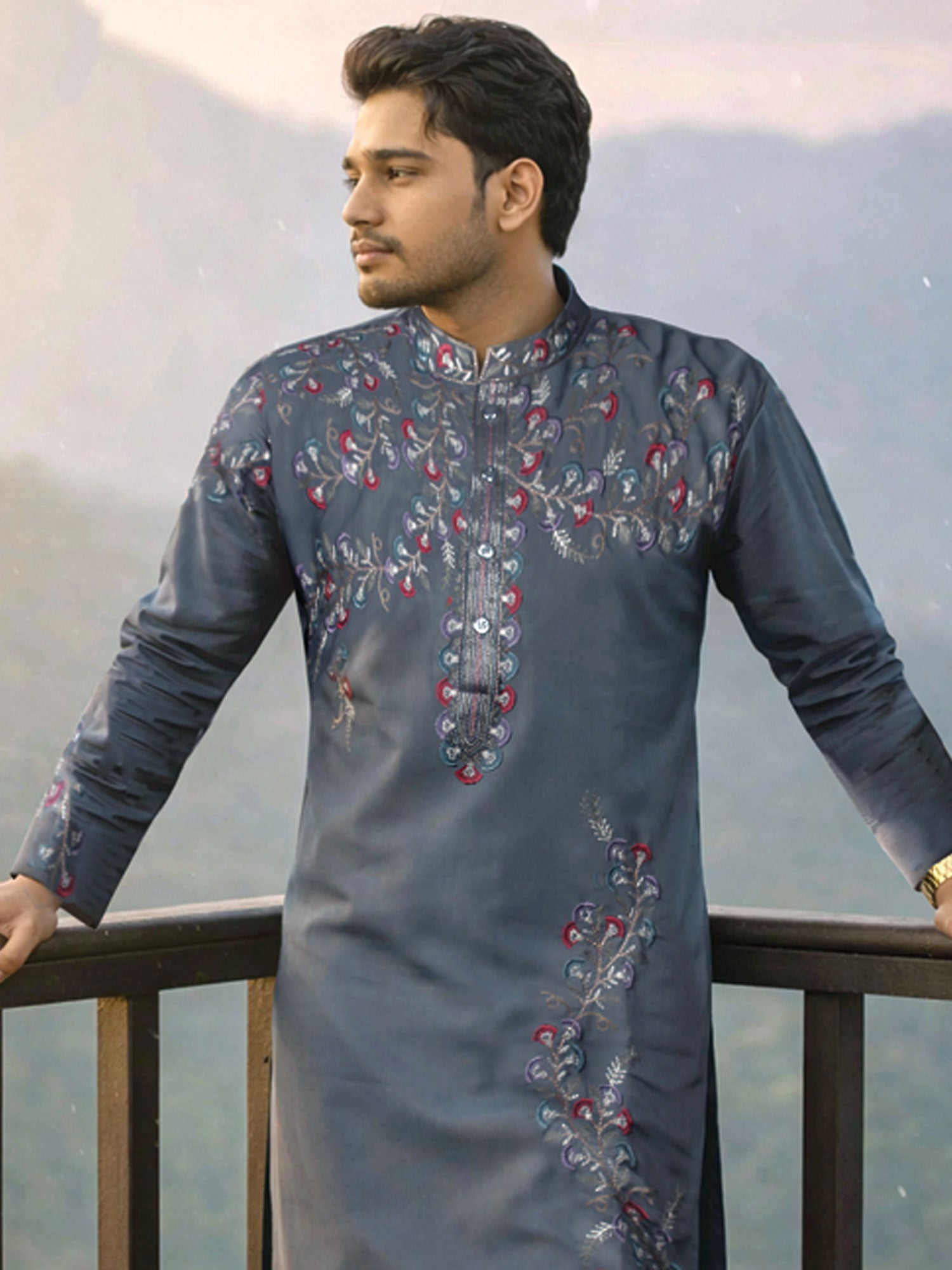 Blue Floral Thread Embroidered Kurta Set
