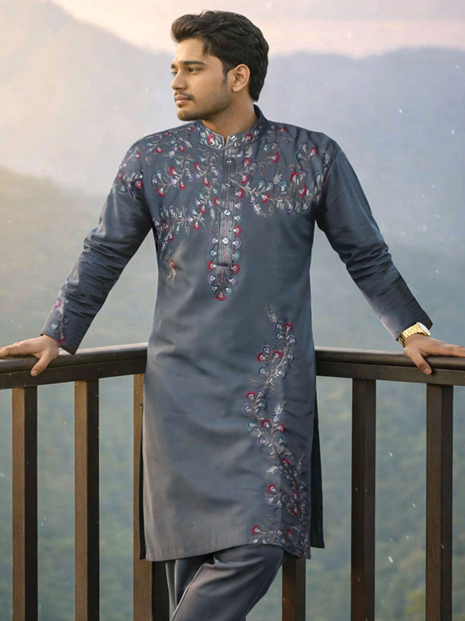 Blue Floral Thread Embroidered Kurta Set