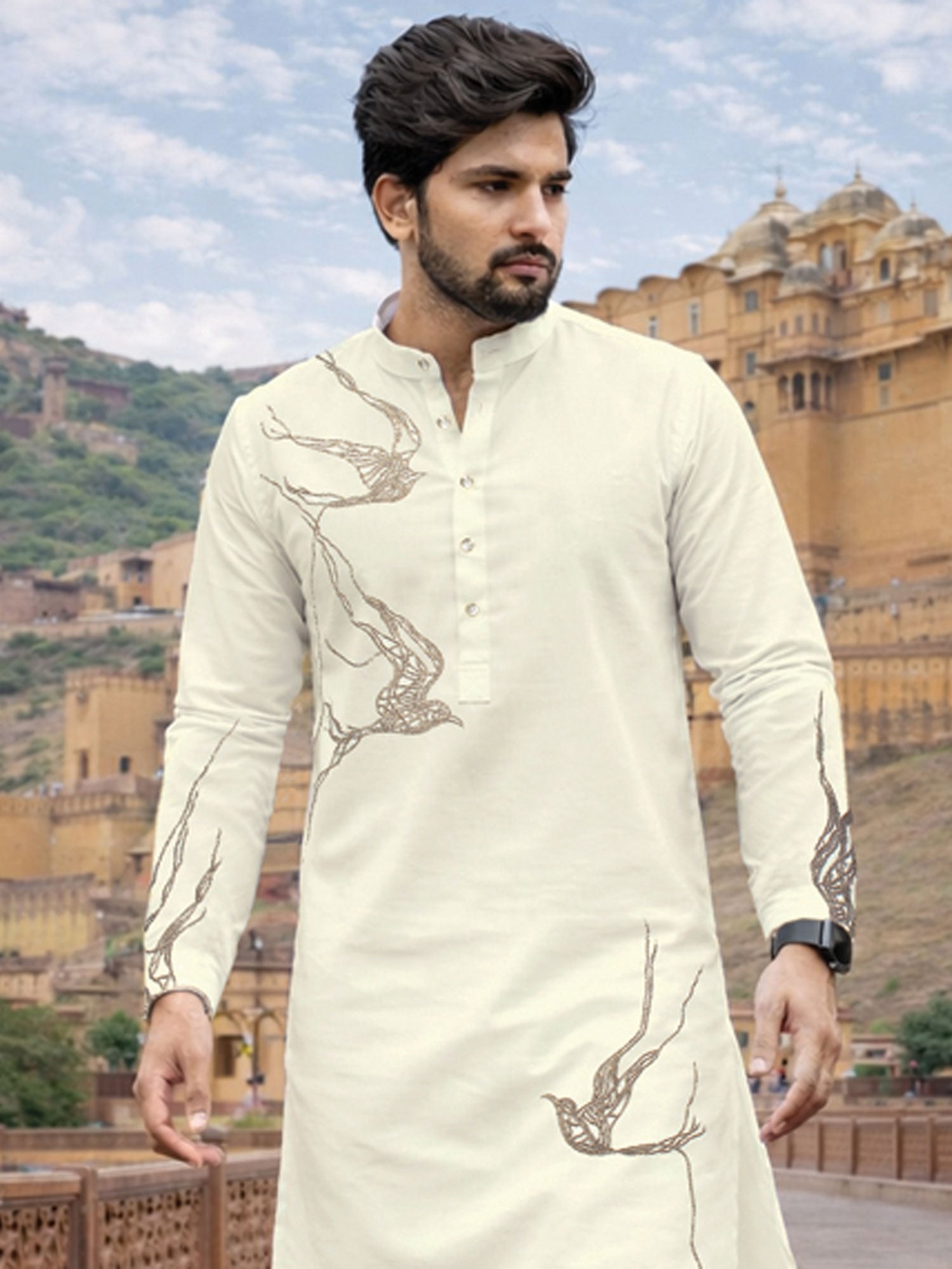 Off White Readymade Kurta Set For Mens