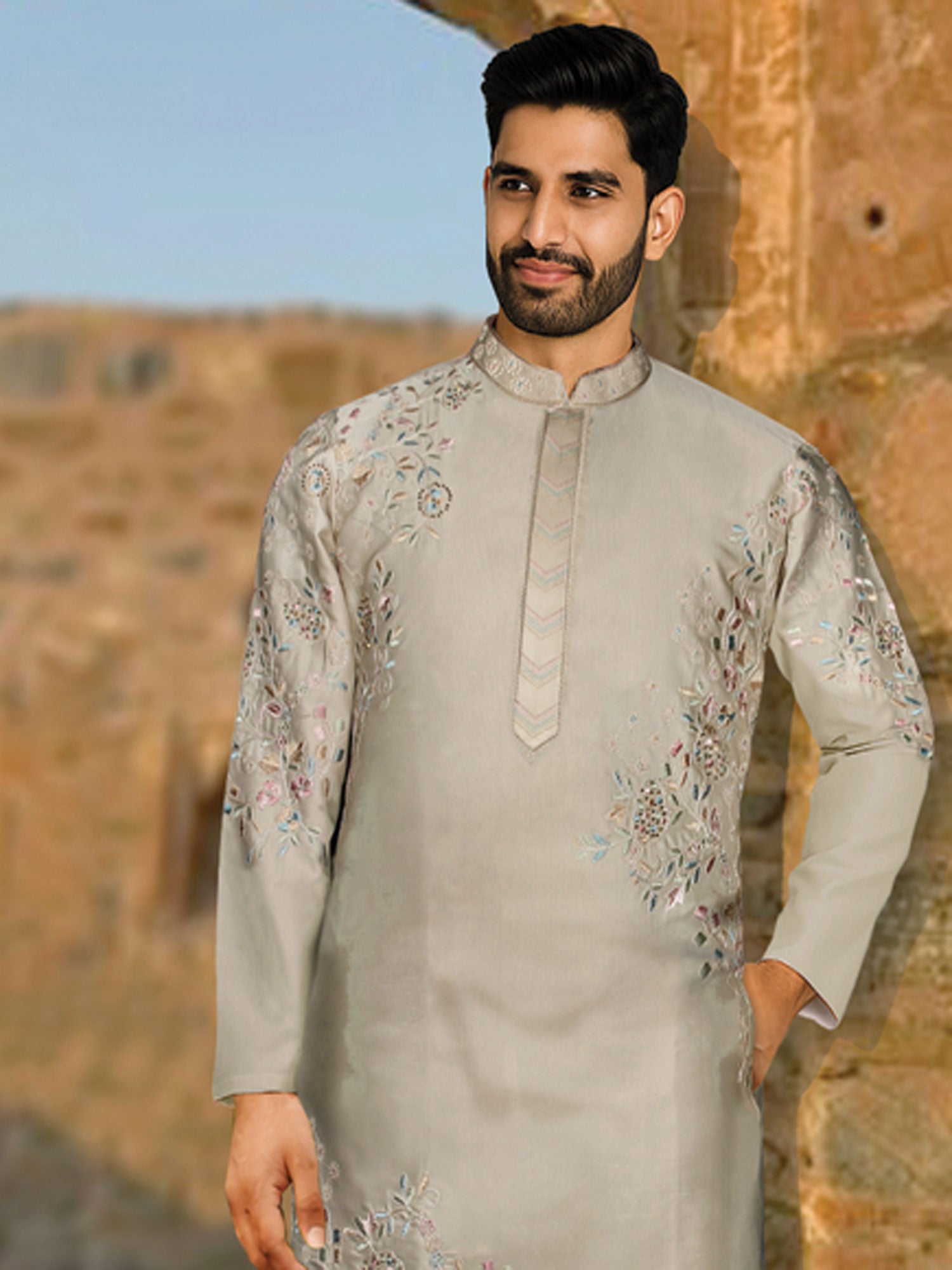 Grey Festive Wear Menswear Kurta Pyjama