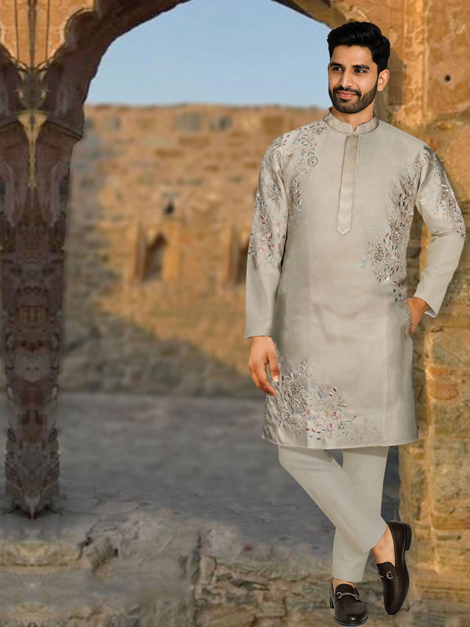 Grey Festive Wear Menswear Kurta Pyjama