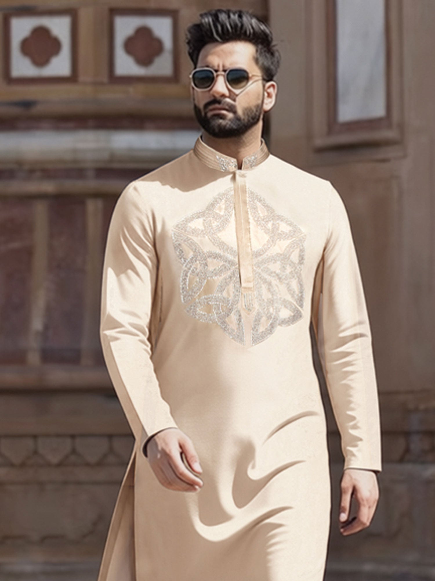 Light Cream Party Wear Kurta Pyjama Set