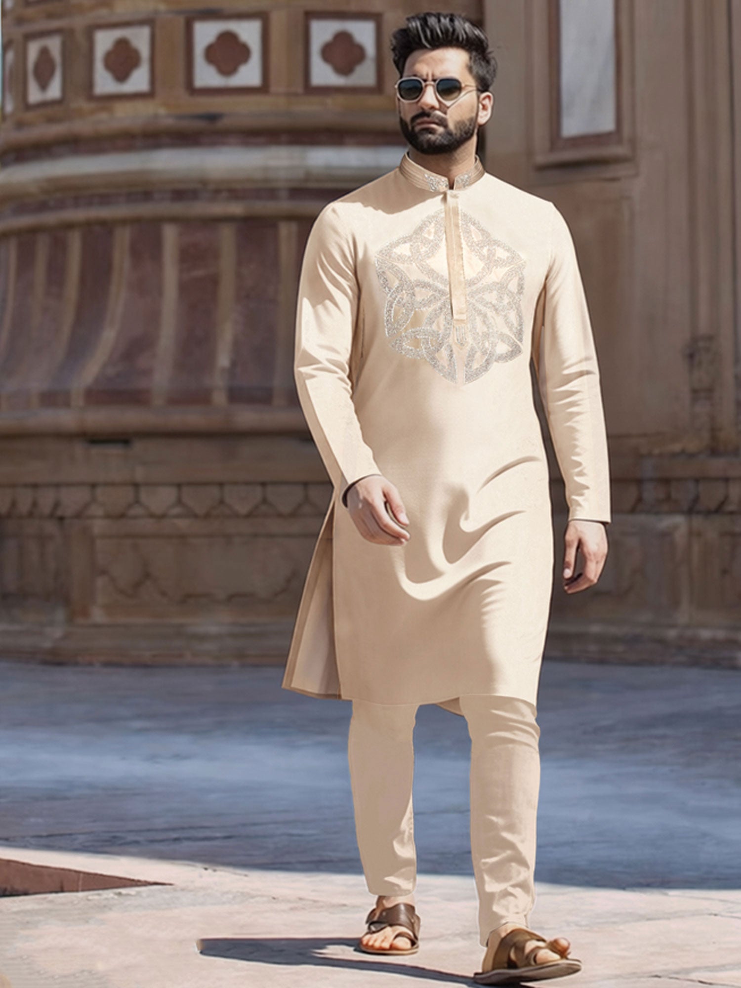 Light Cream Party Wear Kurta Pyjama Set