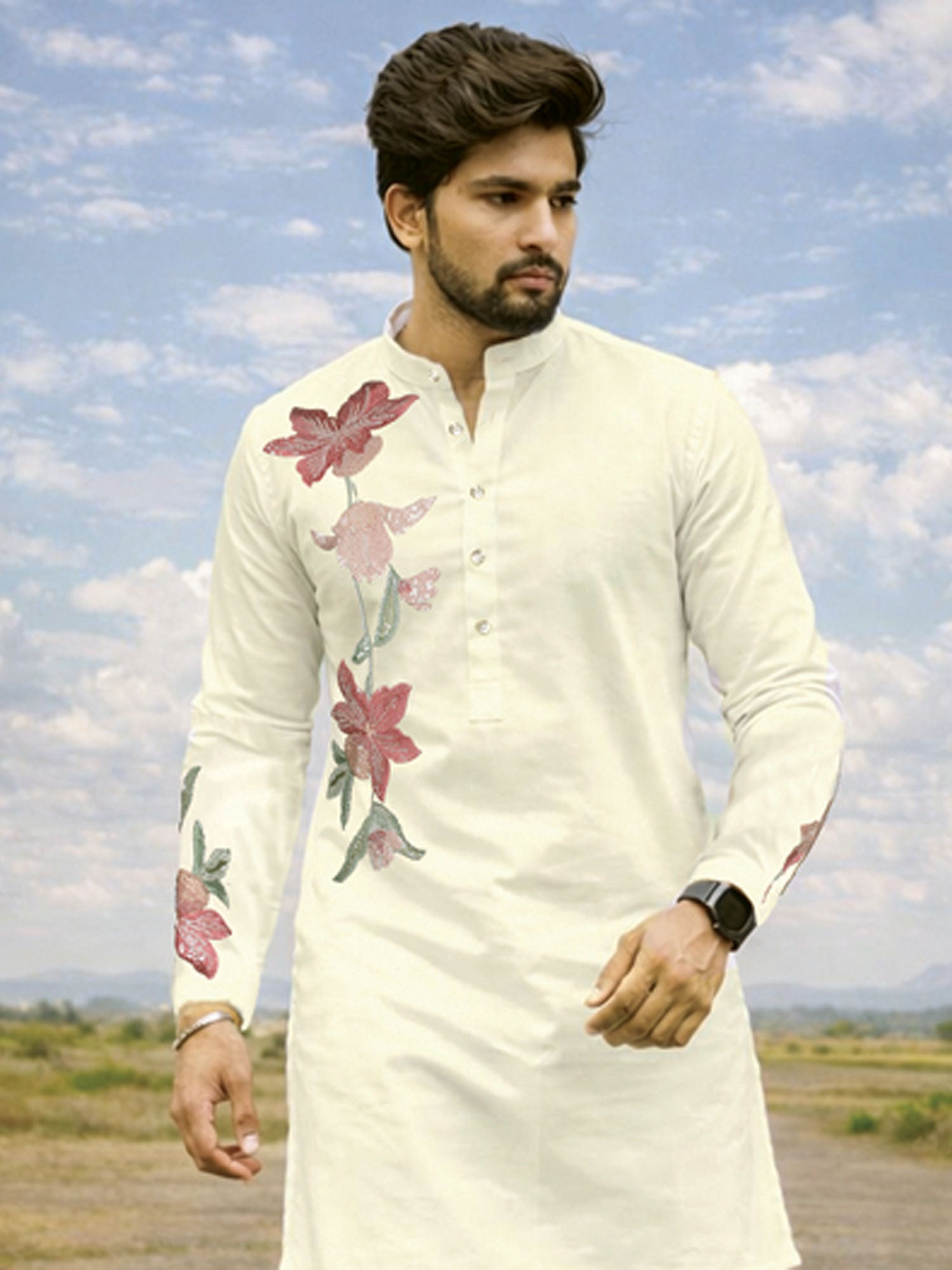 Off White Party Kurta Set In Floral Work