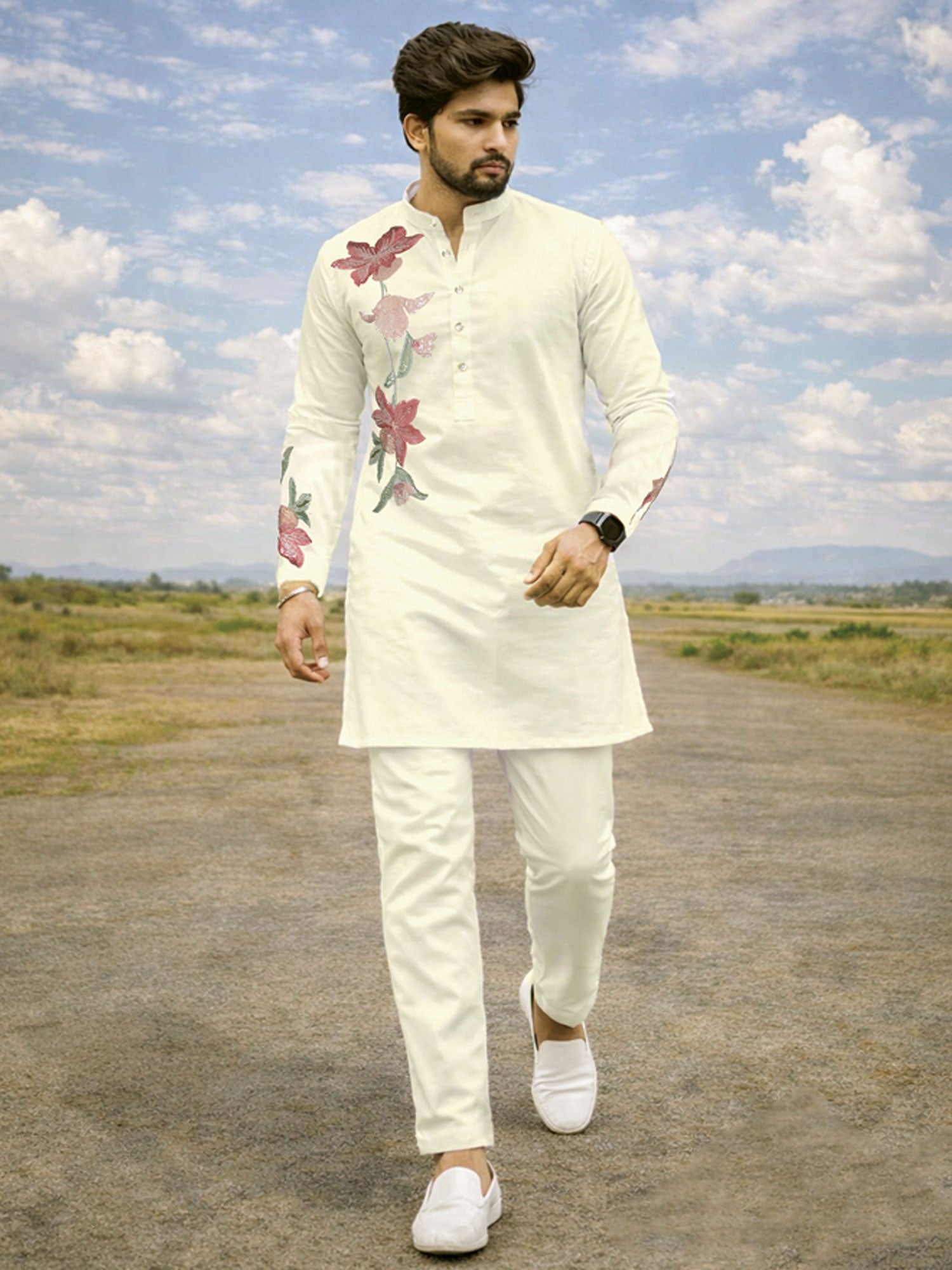 Off White Party Kurta Set In Floral Work