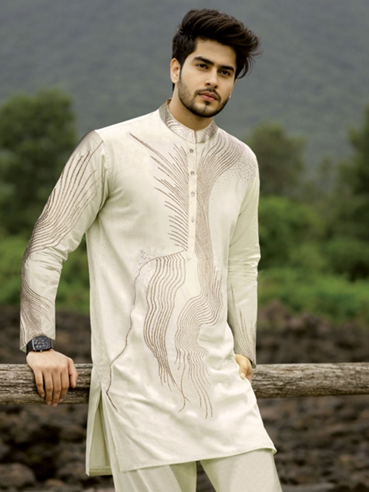 Cream Menswear Party Wear Kurta Pyjama