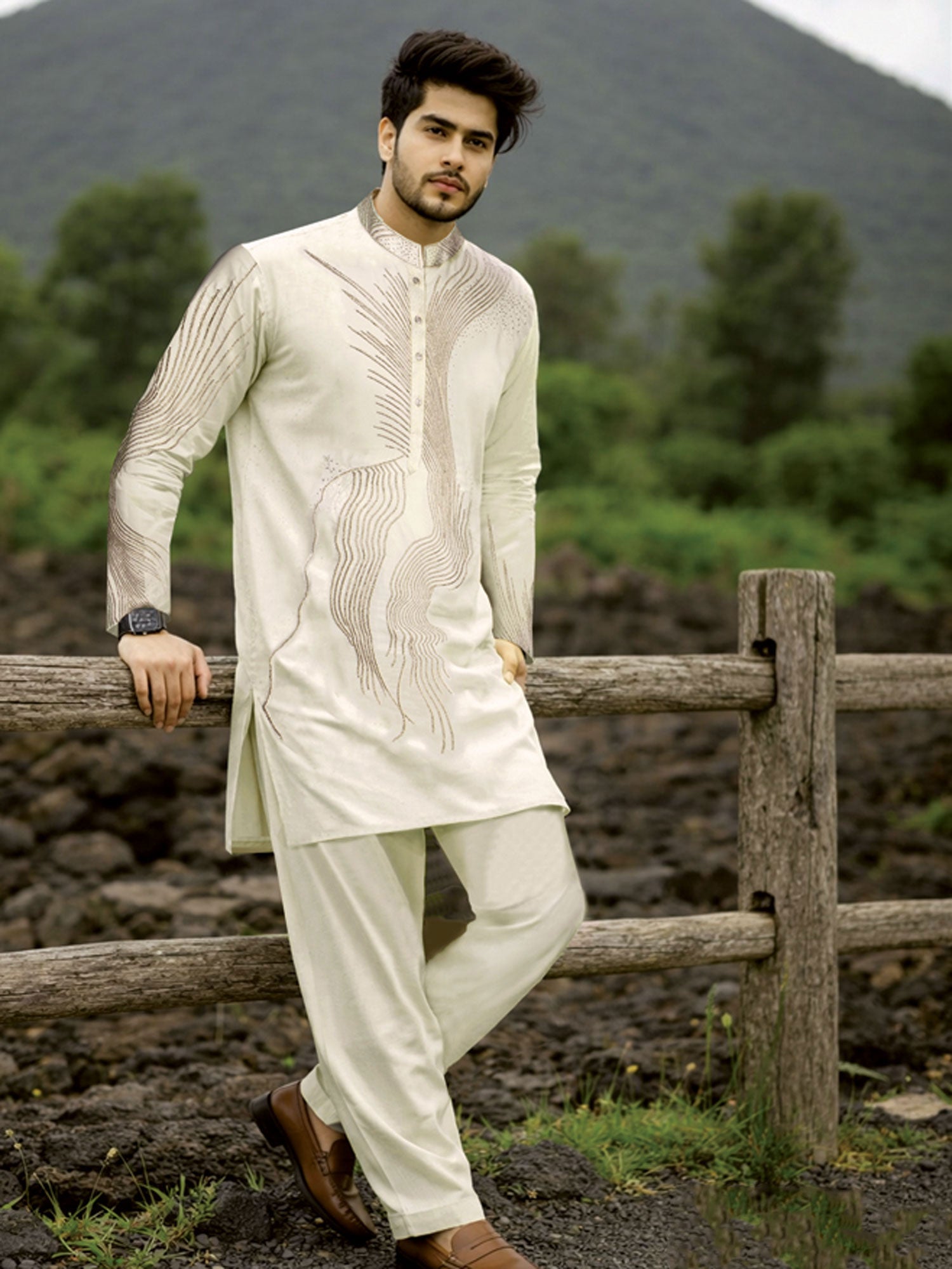 Cream Menswear Party Wear Kurta Pyjama