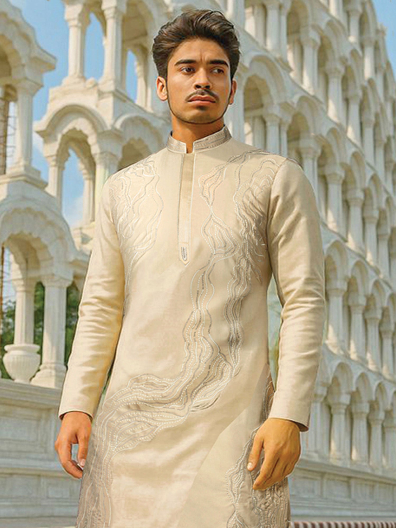 Ivory Cream Party Wear Kurta Pyjama Set