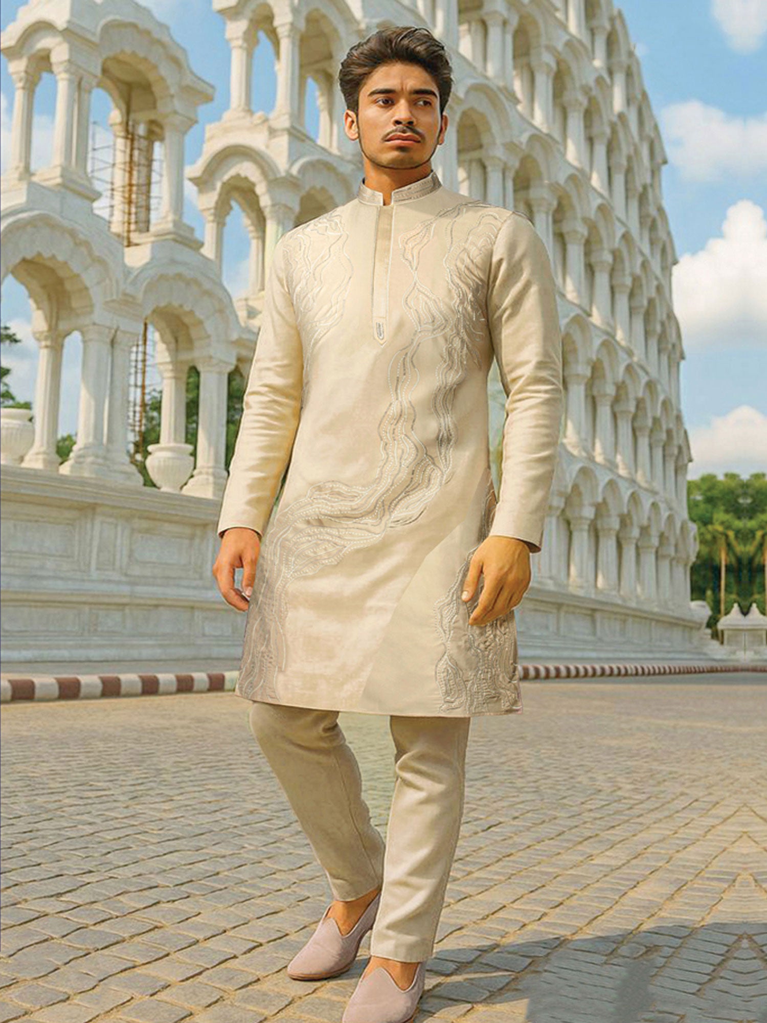 Ivory Cream Party Wear Kurta Pyjama Set