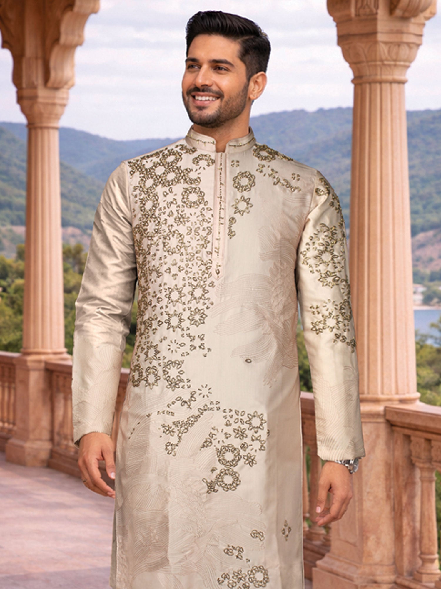 Cream Men's Wear Readymade Kurta Pyjama