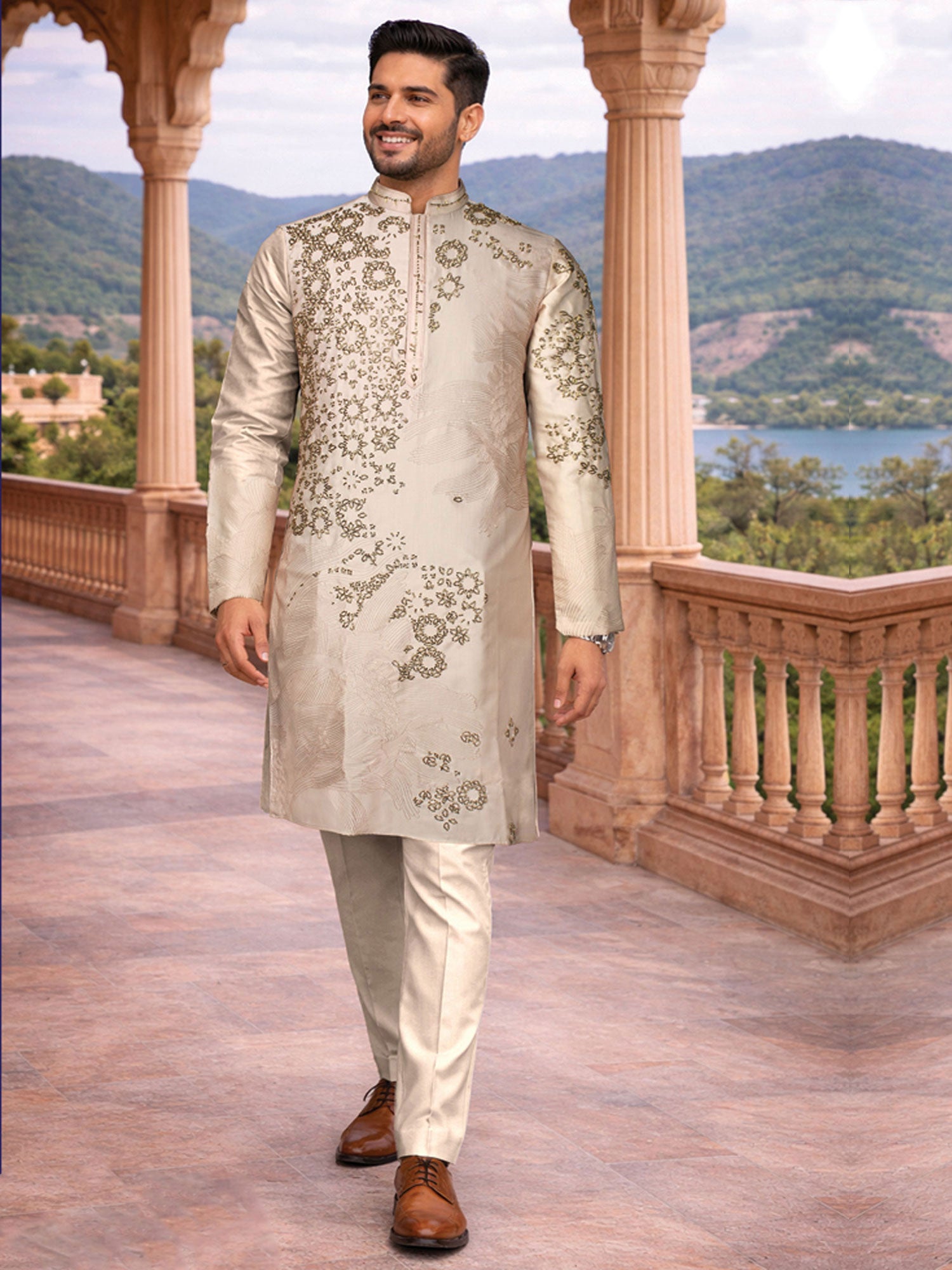 Cream Men's Wear Readymade Kurta Pyjama