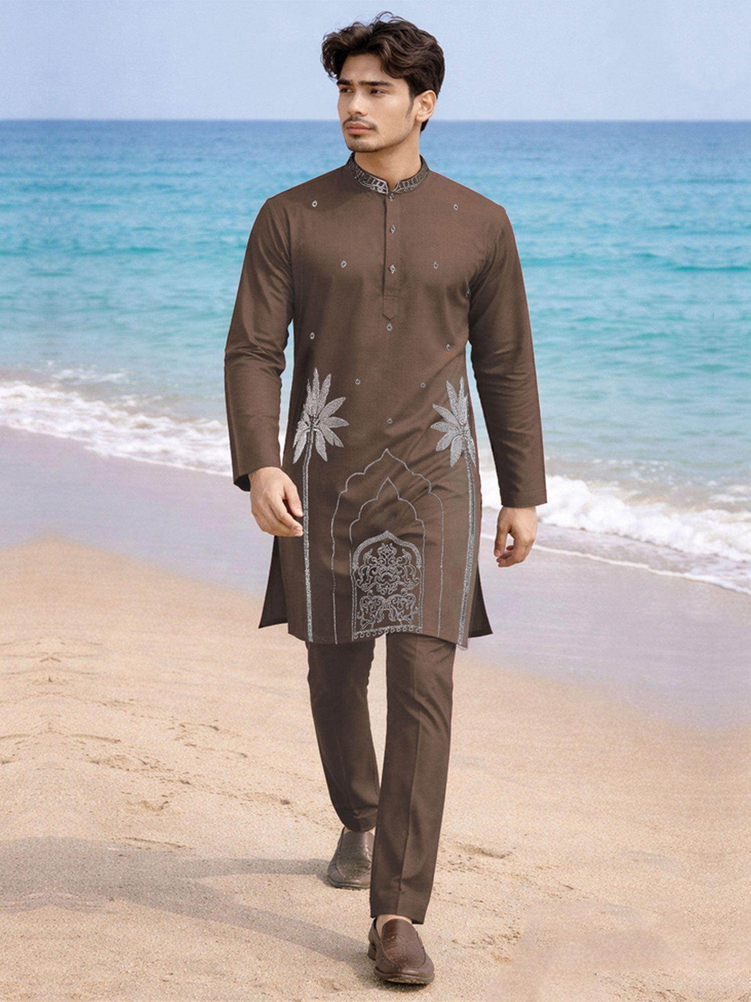 Brown Party Wear Kurta Set In Lachka