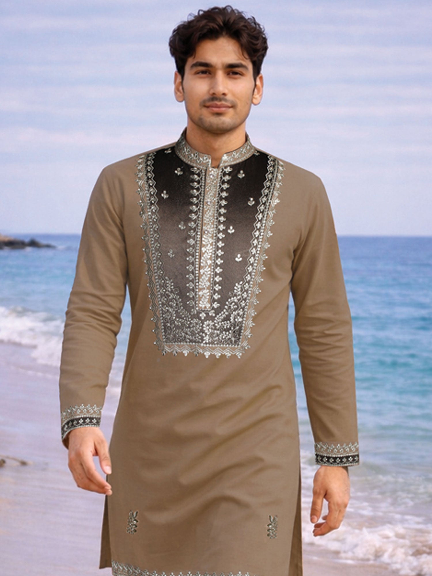 Brown Sequins Work Embellished Kurta Set