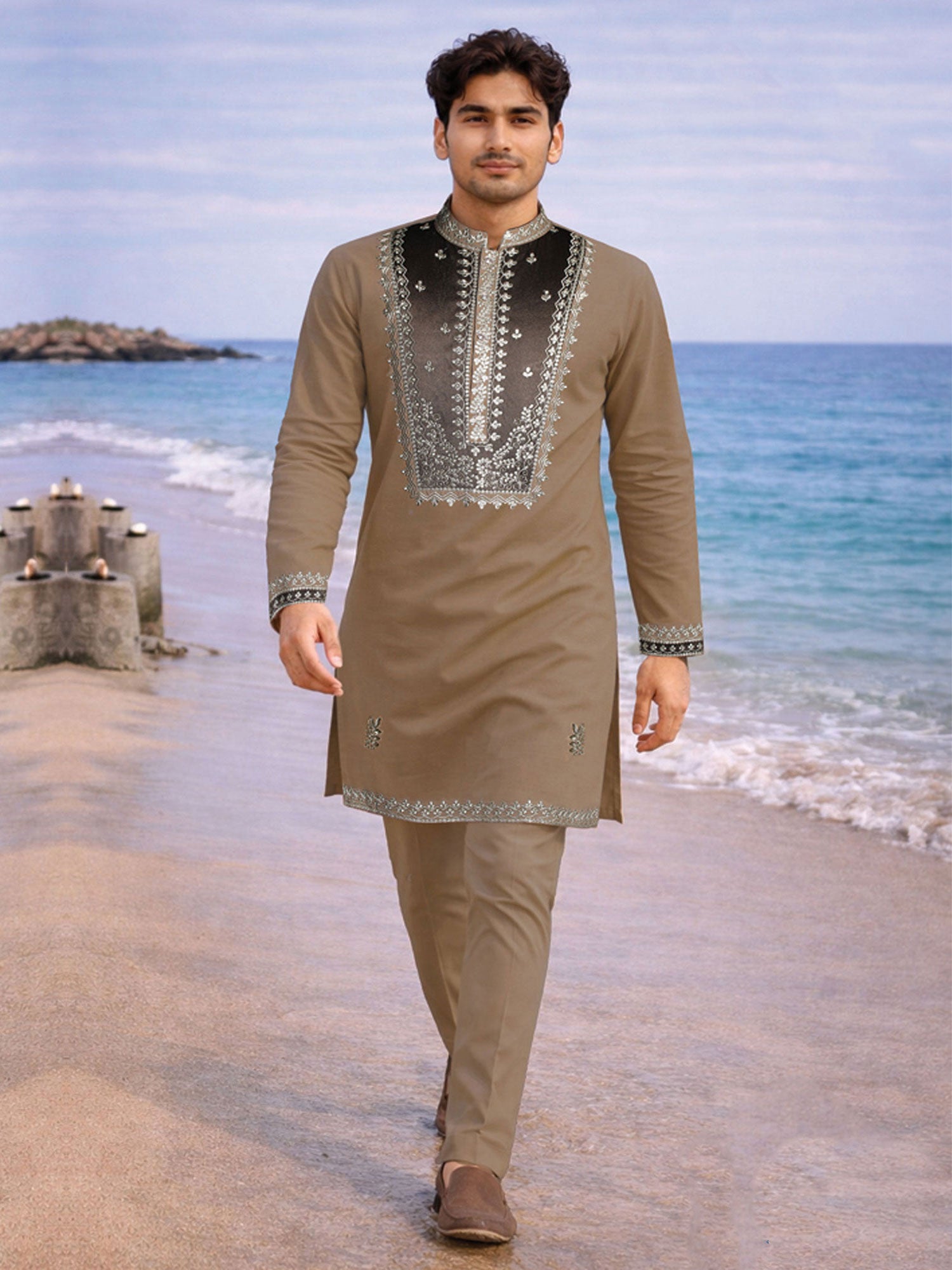 Brown Sequins Work Embellished Kurta Set