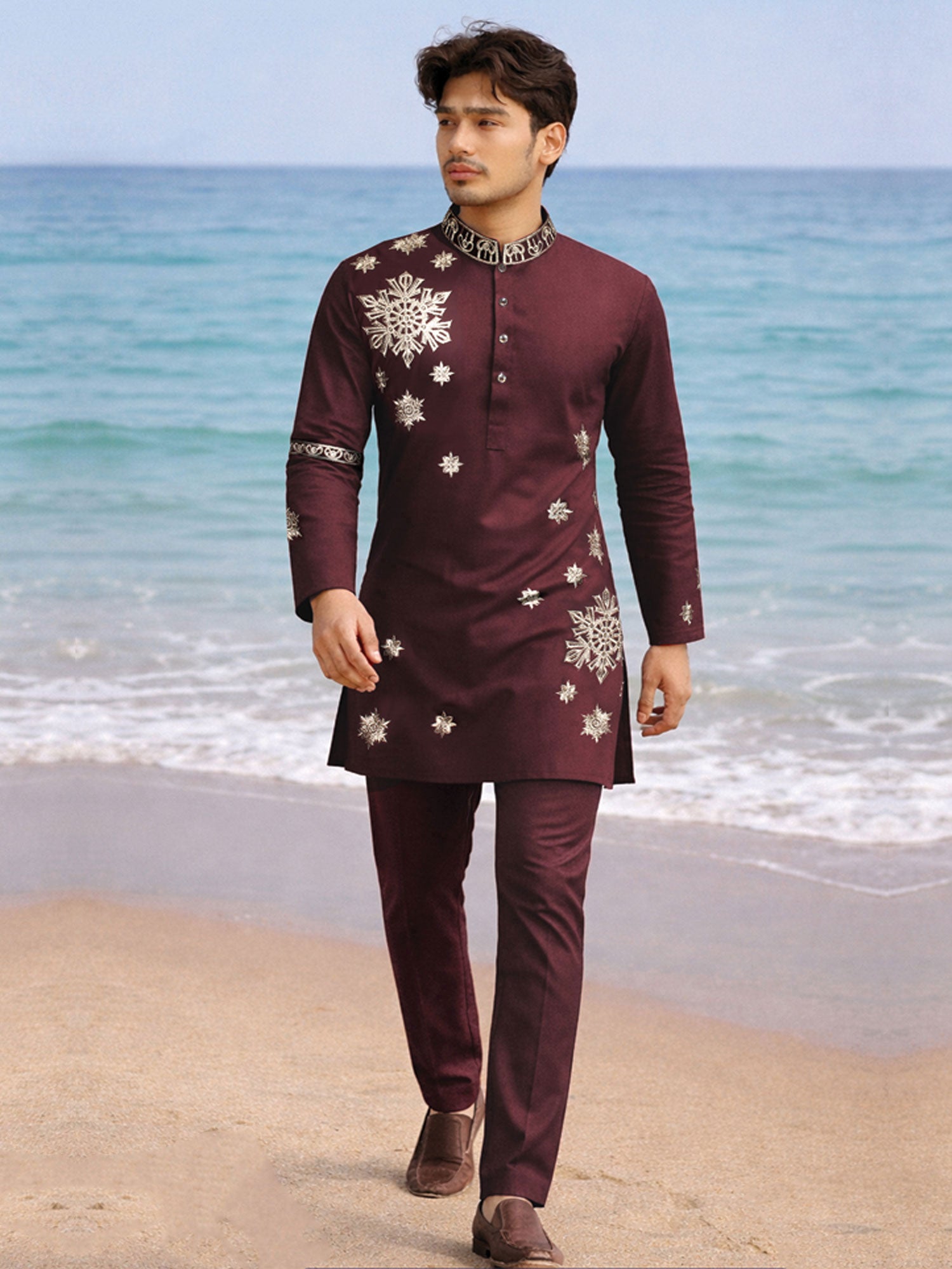 Dark Maroon Readymade Party Kurta Pyjama