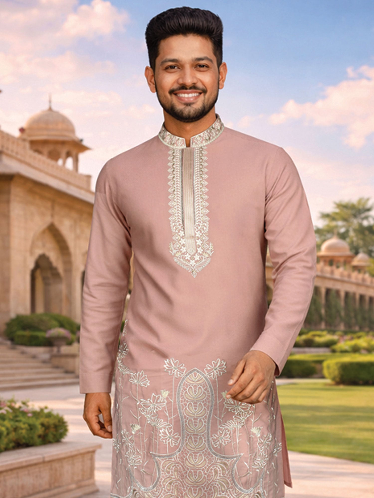 Dusty Pink Men's Kurta Set In Sequins Work