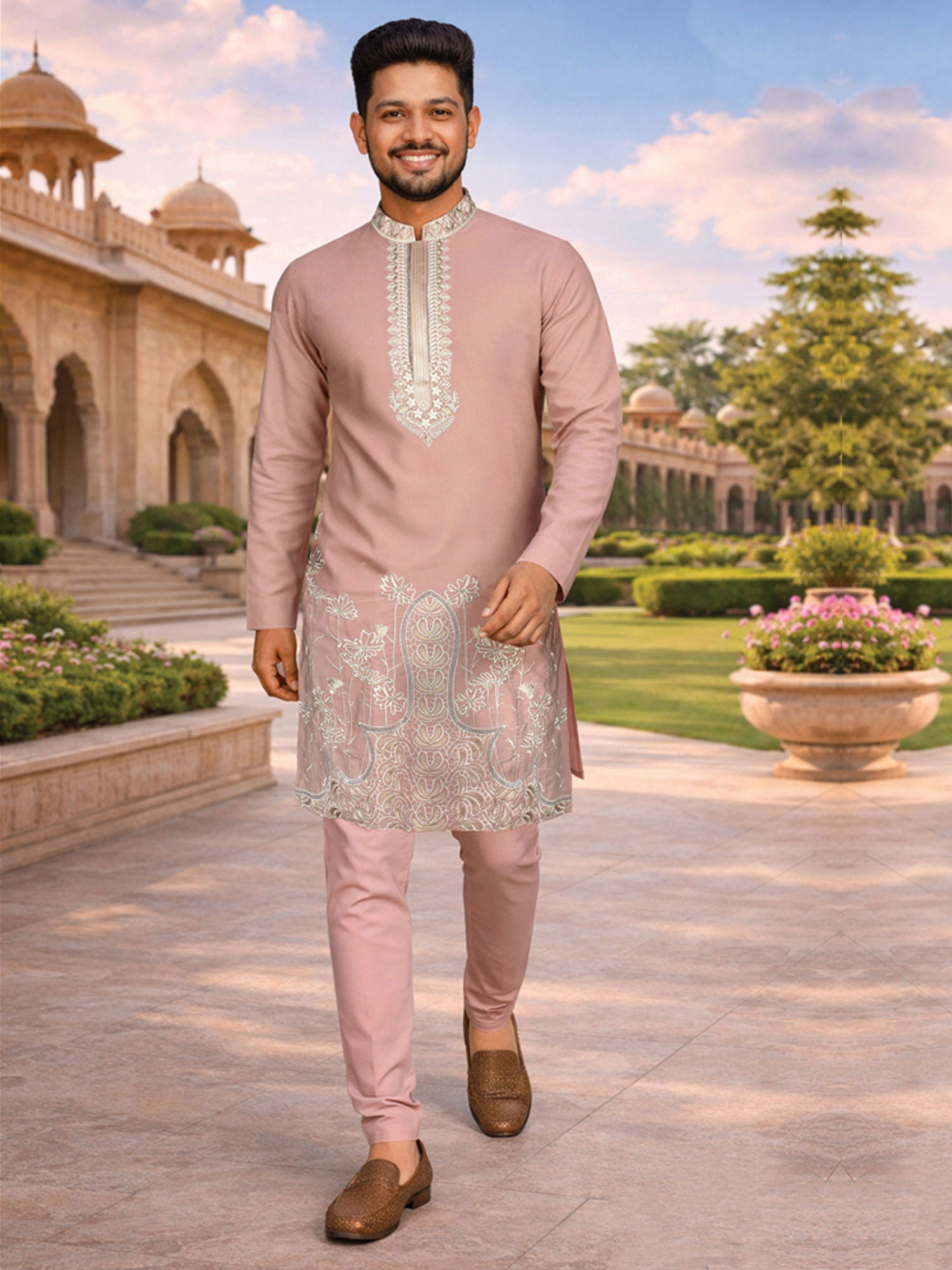 Dusty Pink Men's Kurta Set In Sequins Work