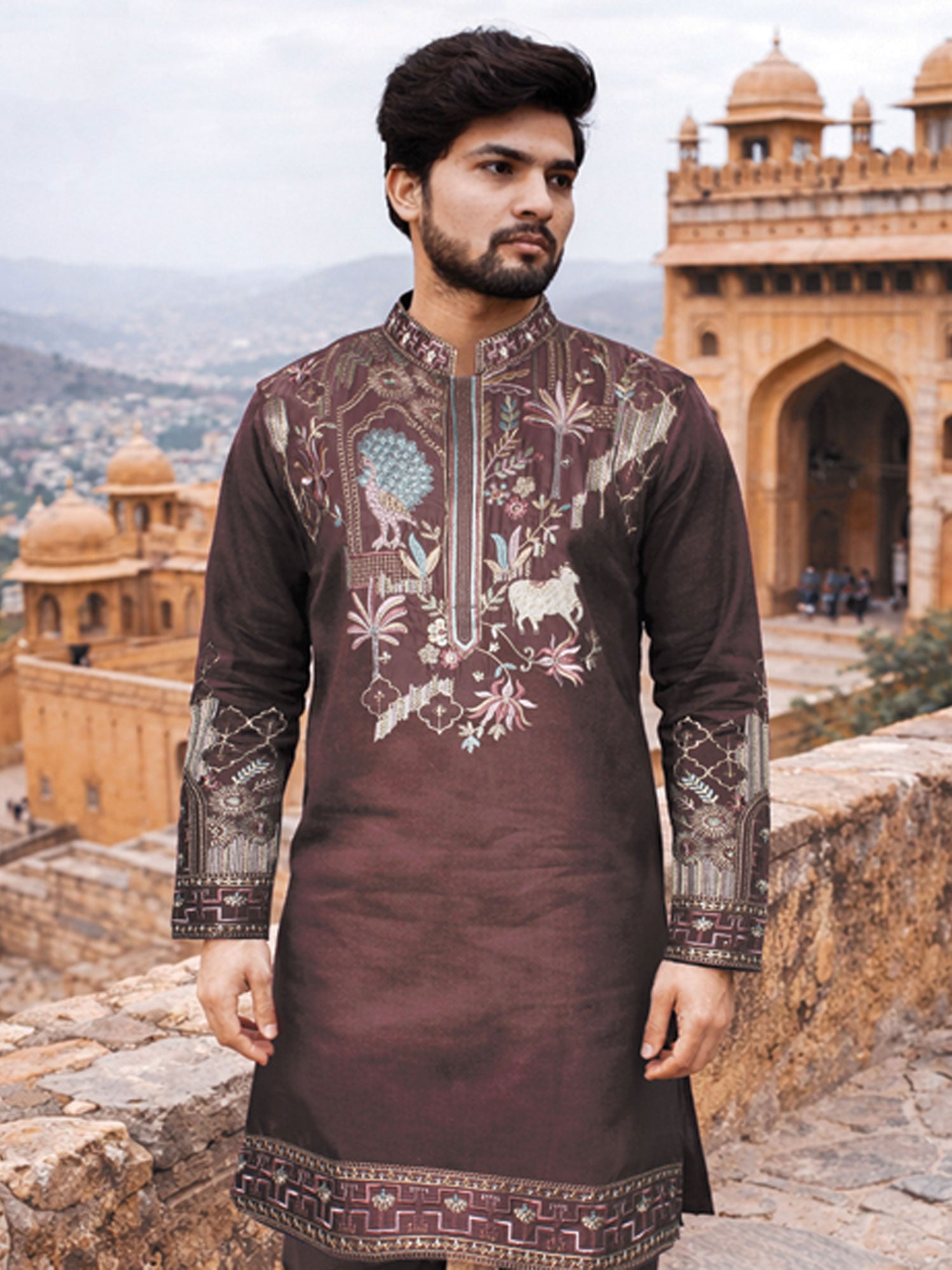 Brown Readymade Kurta Set In Floral Work