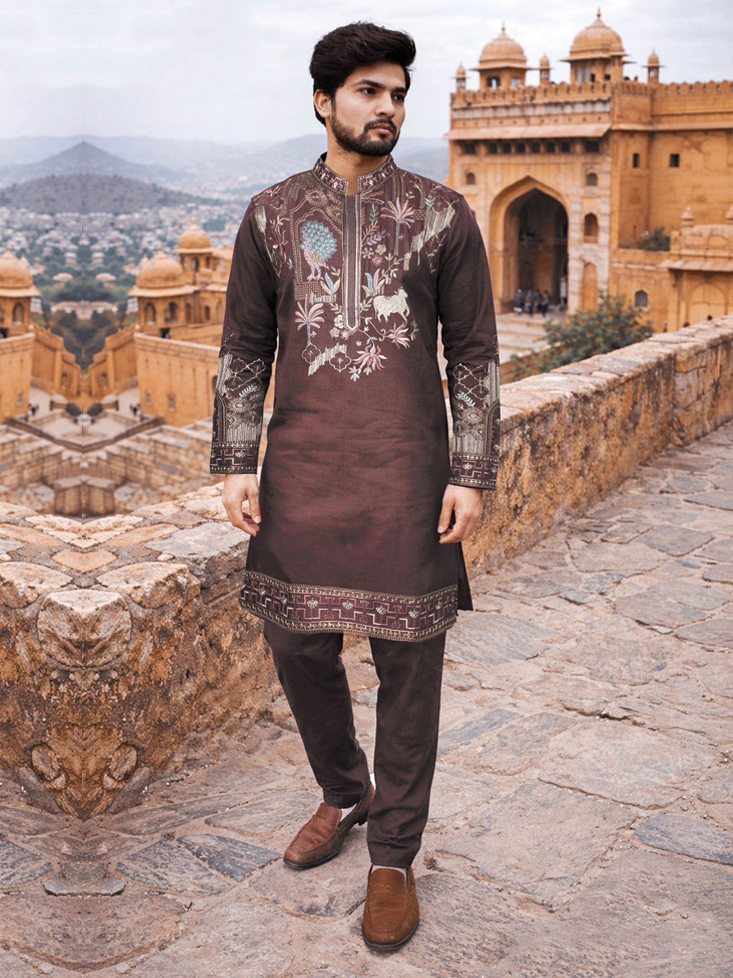 Brown Readymade Kurta Set In Floral Work