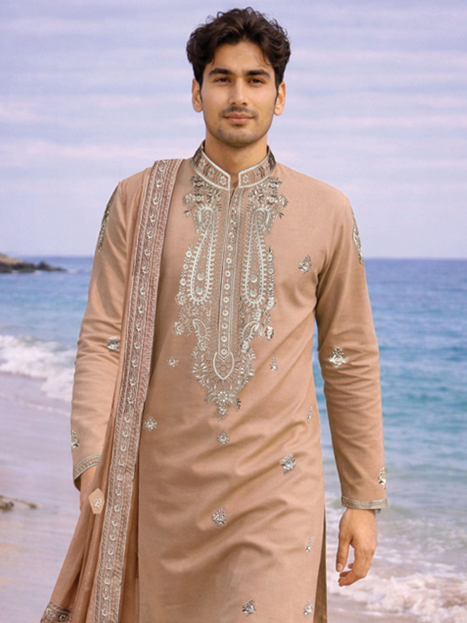 Beige Sequins Embellished Kurta Set With Dupatta