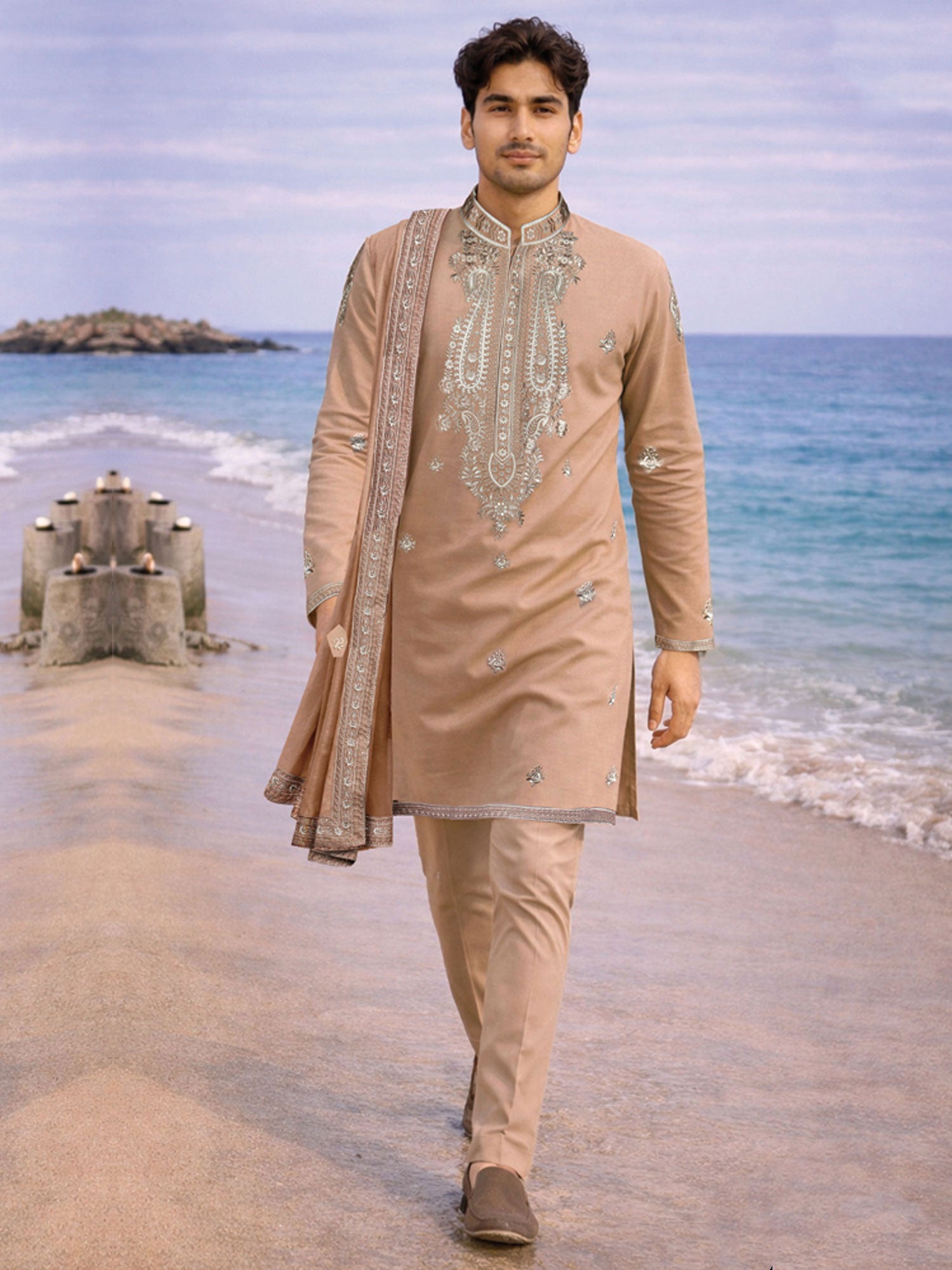 Beige Sequins Embellished Kurta Set With Dupatta