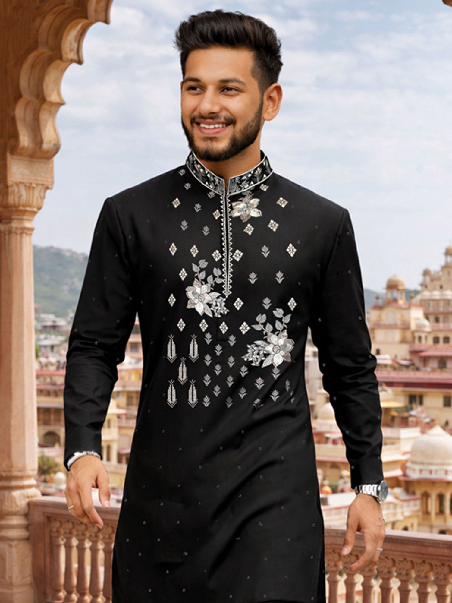 Black Floral Work Party Wear Kurta Pyjama