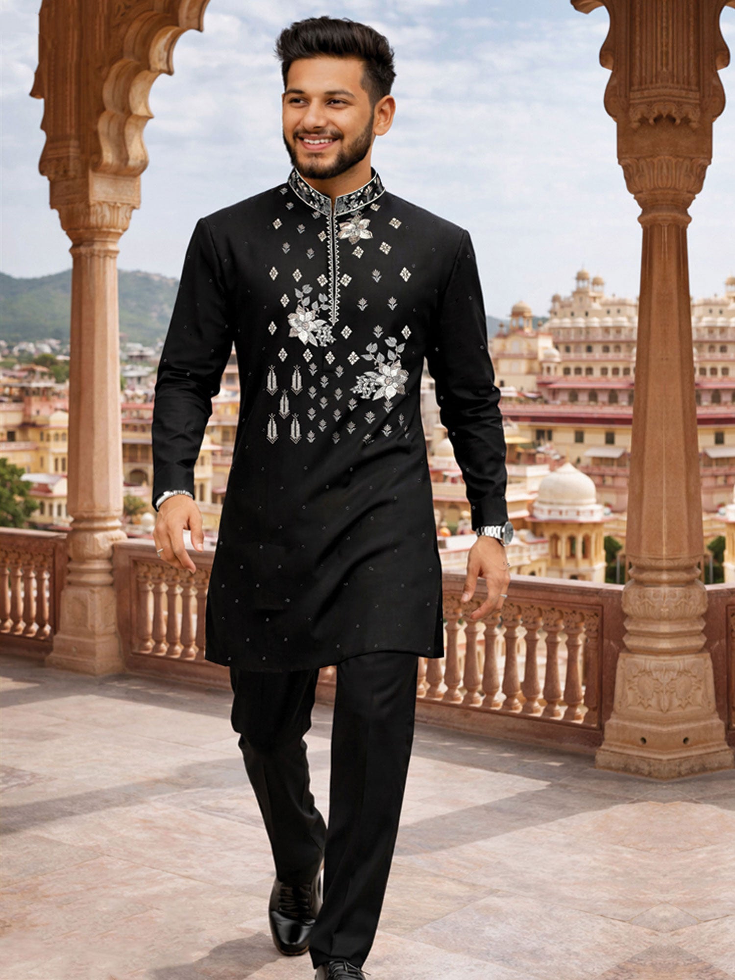 Black Floral Work Party Wear Kurta Pyjama