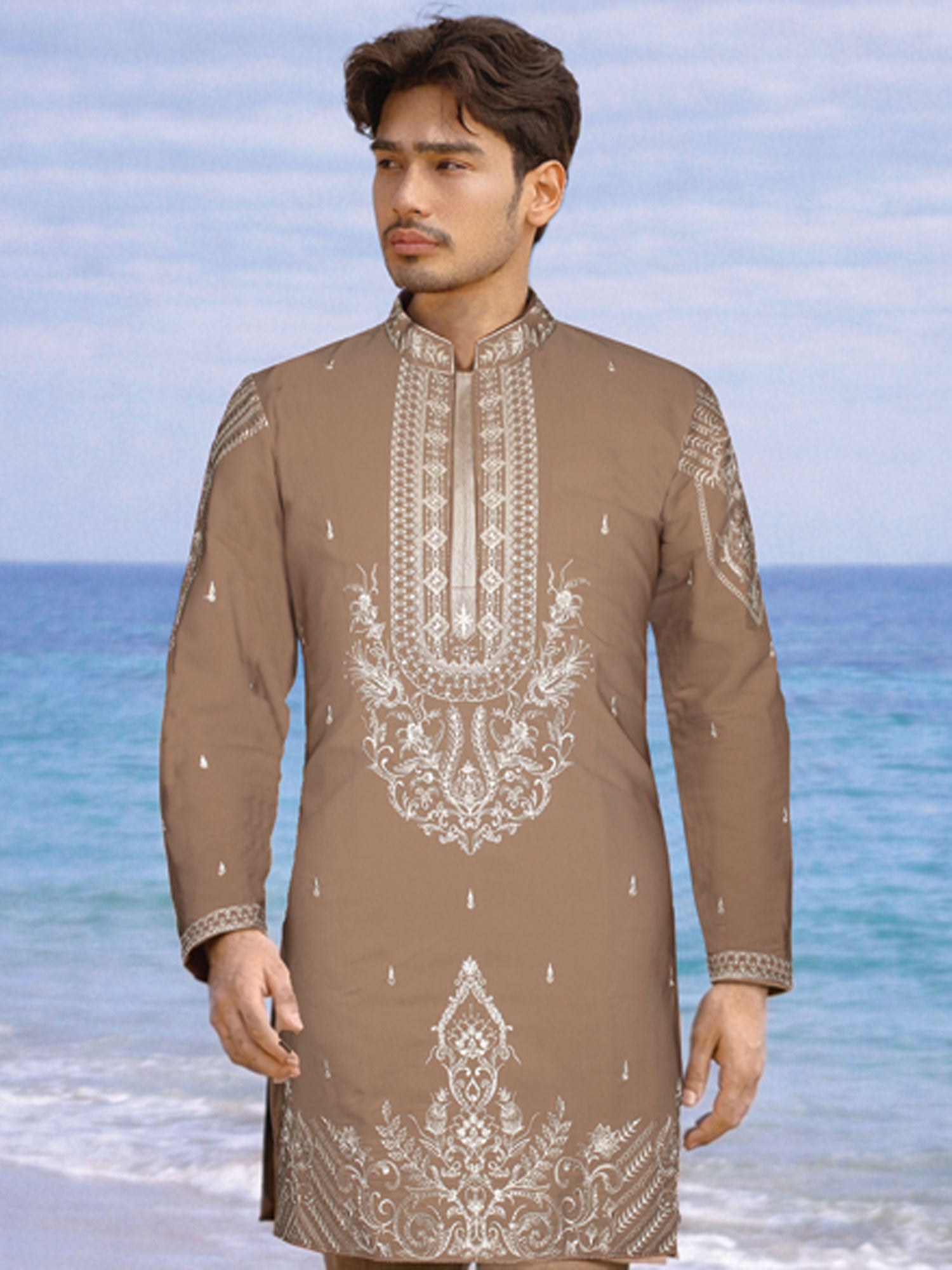 Dark Beige Men's Kurta Set In Floral Embroidery