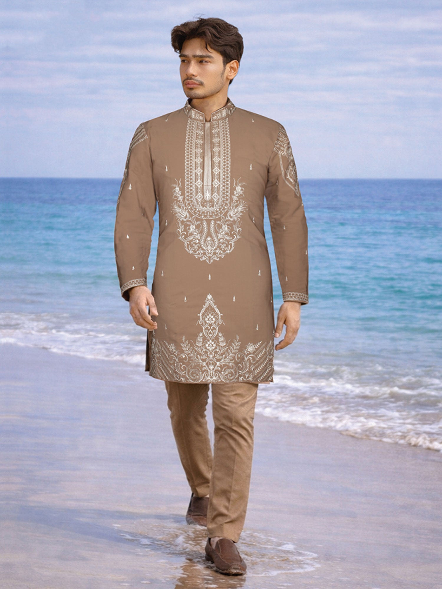 Dark Beige Men's Kurta Set In Floral Embroidery
