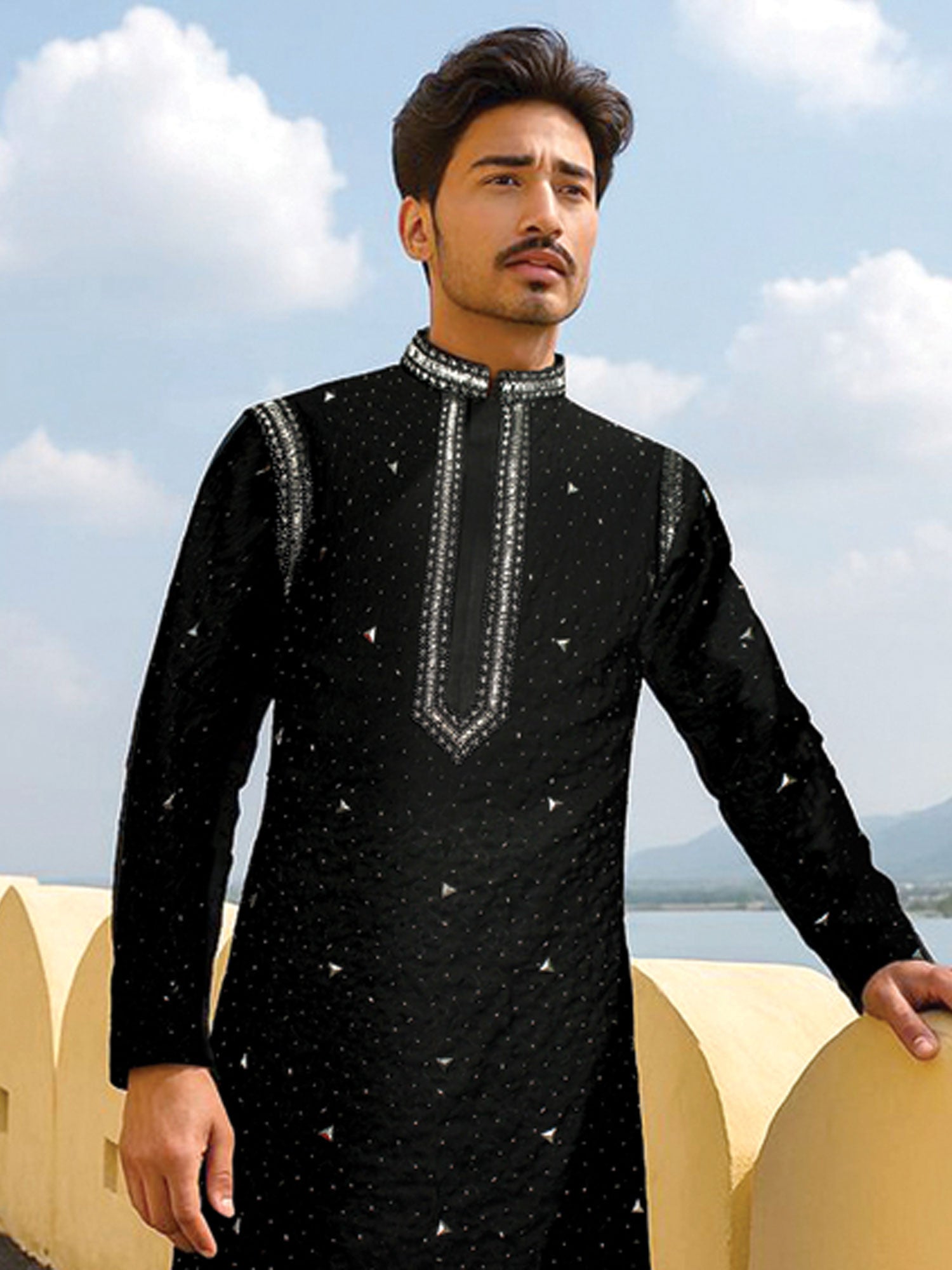 Black Embroidered Menswear Party Kurta Set