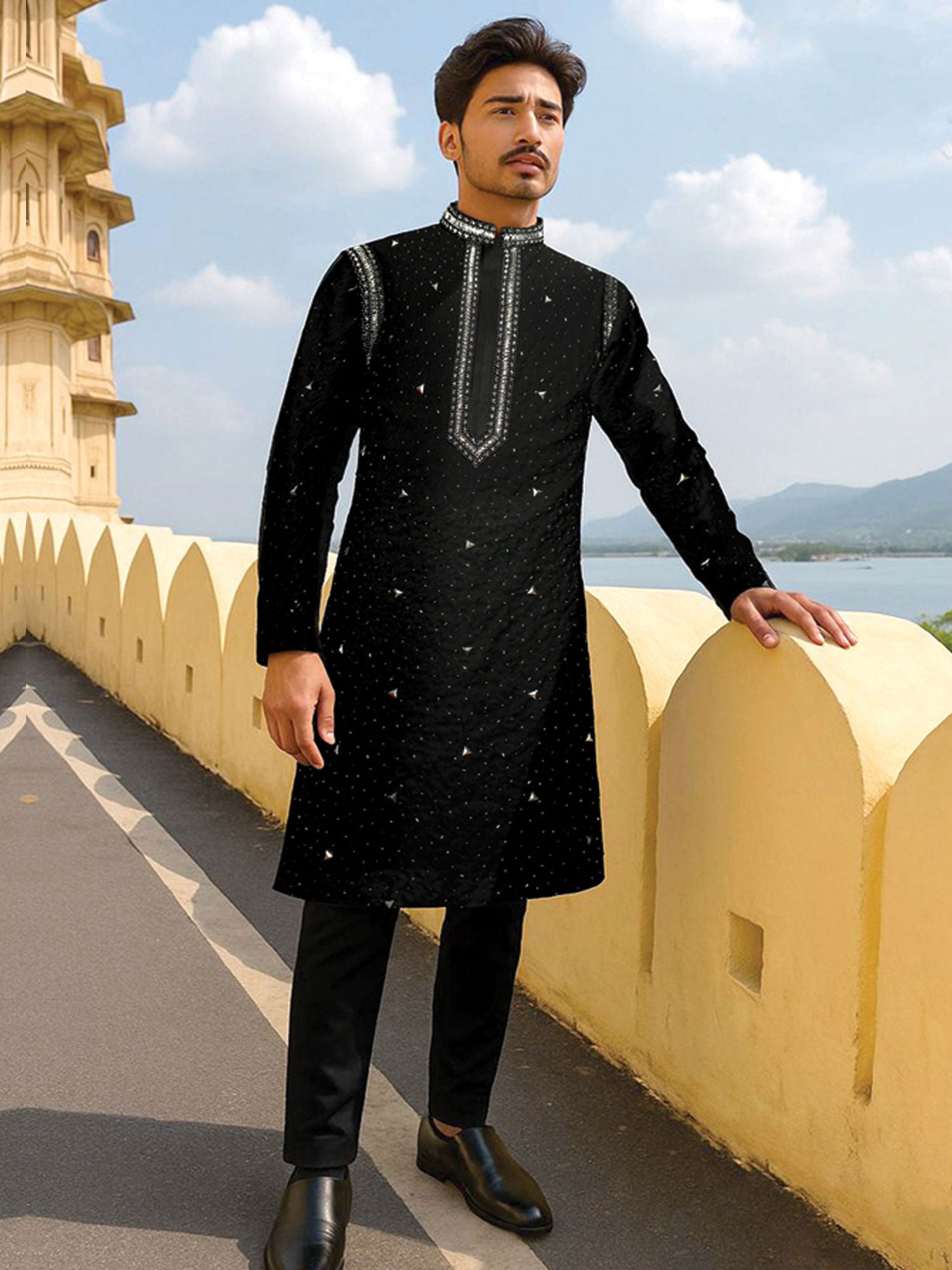 Black Embroidered Menswear Party Kurta Set