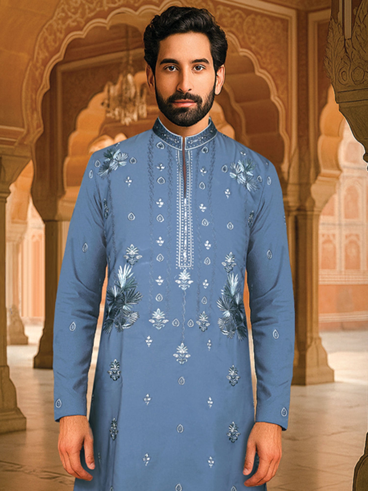 Blue Sequins Work Party Kurta Pyjama Set
